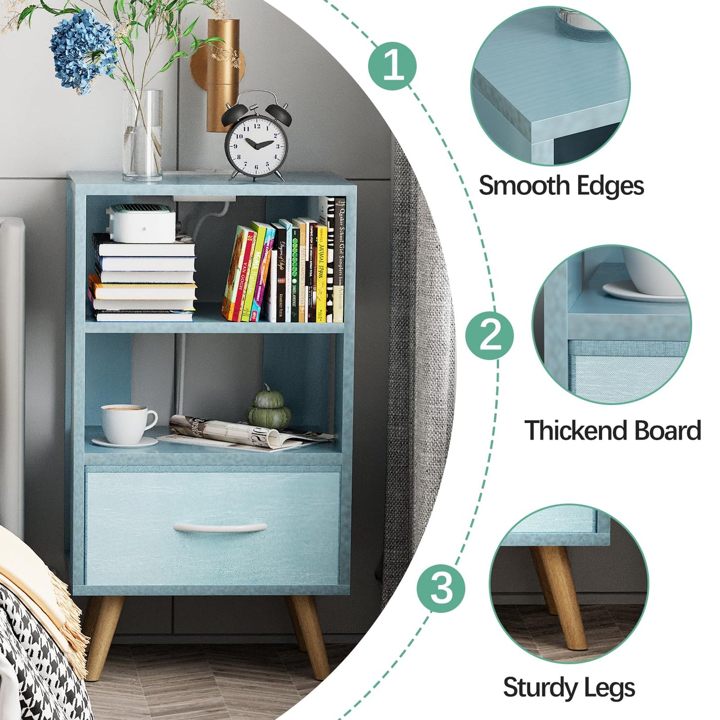 Aenuert Night Stand with Charging Station, Blue Nightstand with Drawer, 3-Tier Wooden Bedside Table with USB Ports and Outlets, End Table for Small Space, Living Room, Bedroom