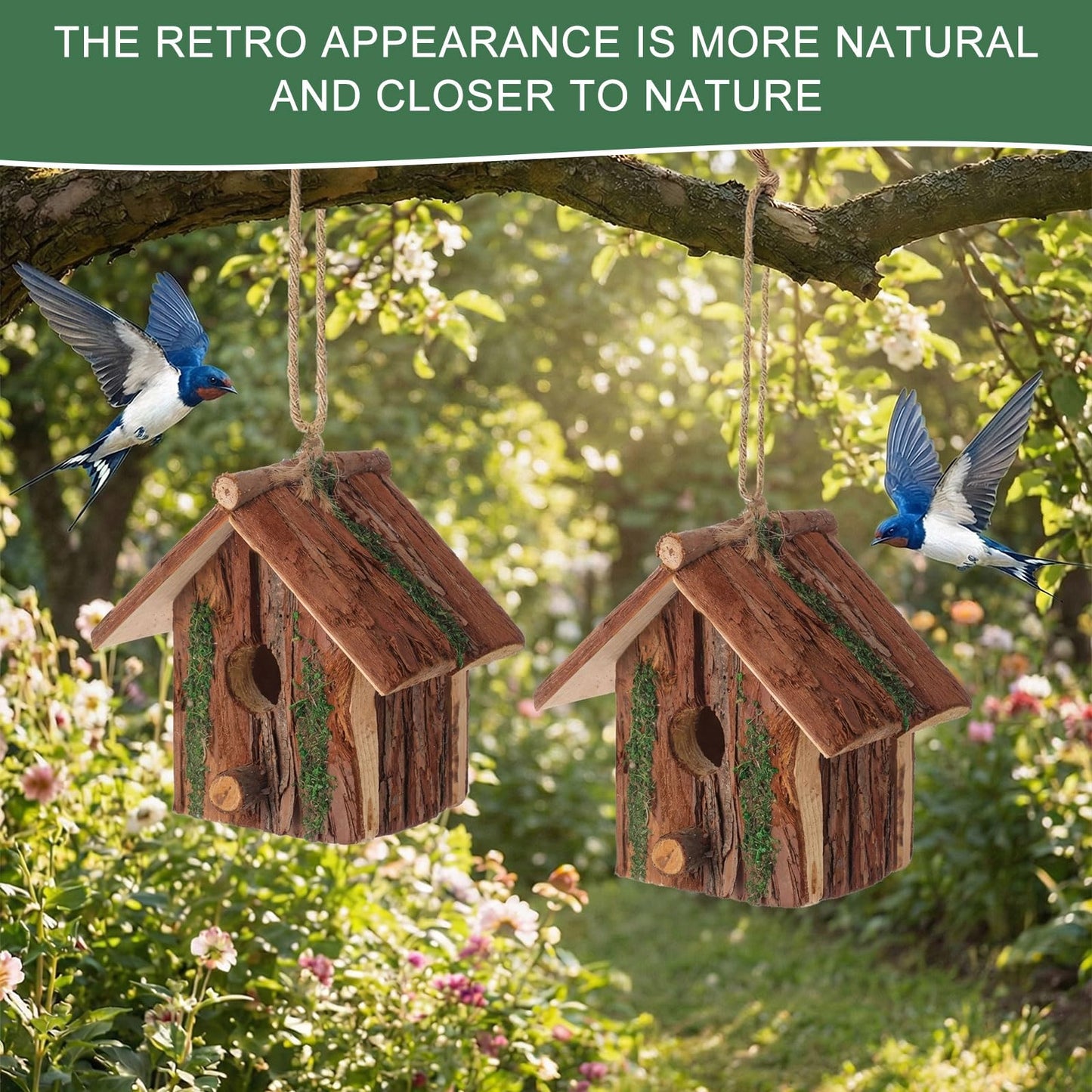 DoubleFill 2 Pcs Birdhouses for Outside Wooden Bird House with Moss Accent Hanging Design Birdhouse Natural Bark Finish Warm and Waterproof Rustic Bluebird House Cardinal Wren Hummingbird Garden