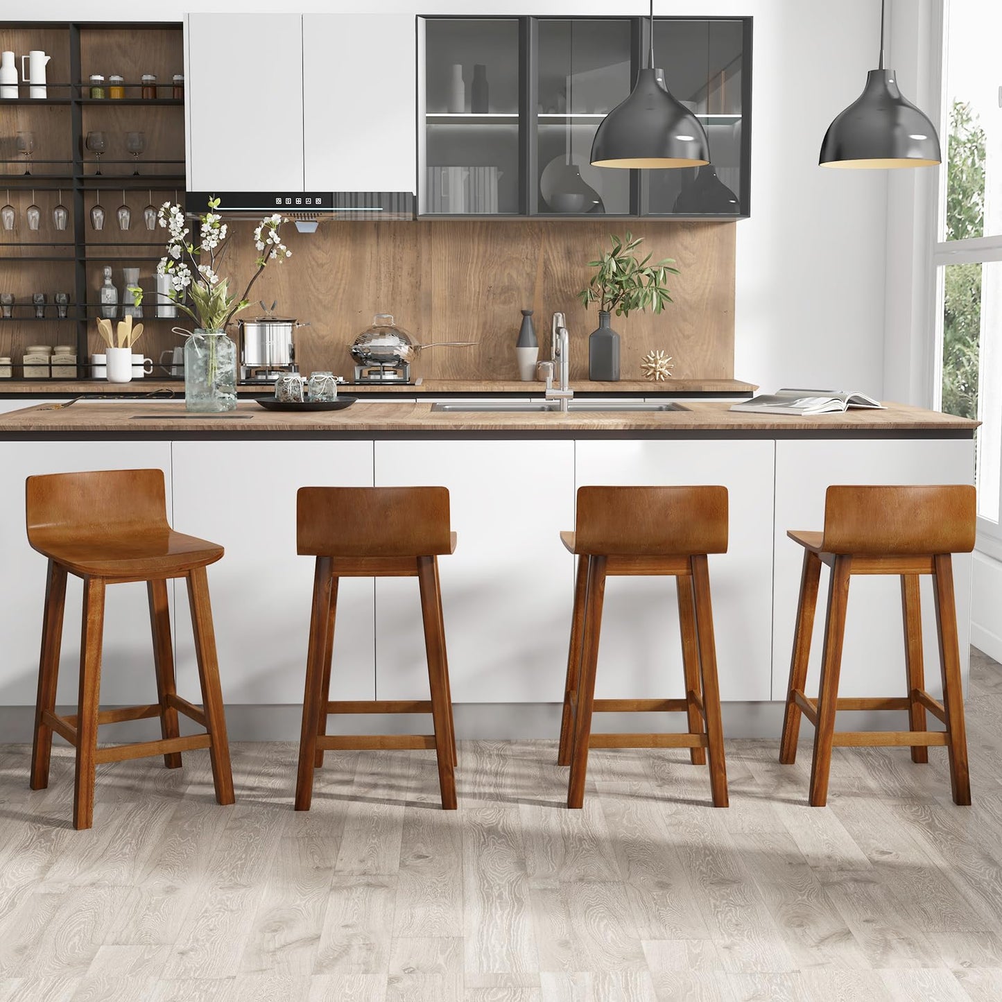 Giantex 24.5" Bar Stools Set of 2, Counter Height Bar Stools w/Low Back & Footrest, Farmhouse Wooden Bar Dining Chairs, Armless Wood Barstools for Kitchen Island, Pub, Kitchen, Cafe, Breakfast, Brown