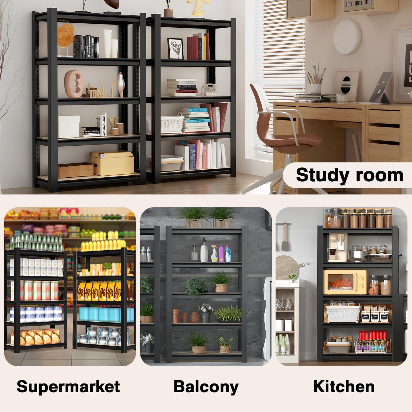 WORKPRO 5-Tier Black Shelving with Board, 24.1”Wx16.2”Dx60”H, 3000LBS Load