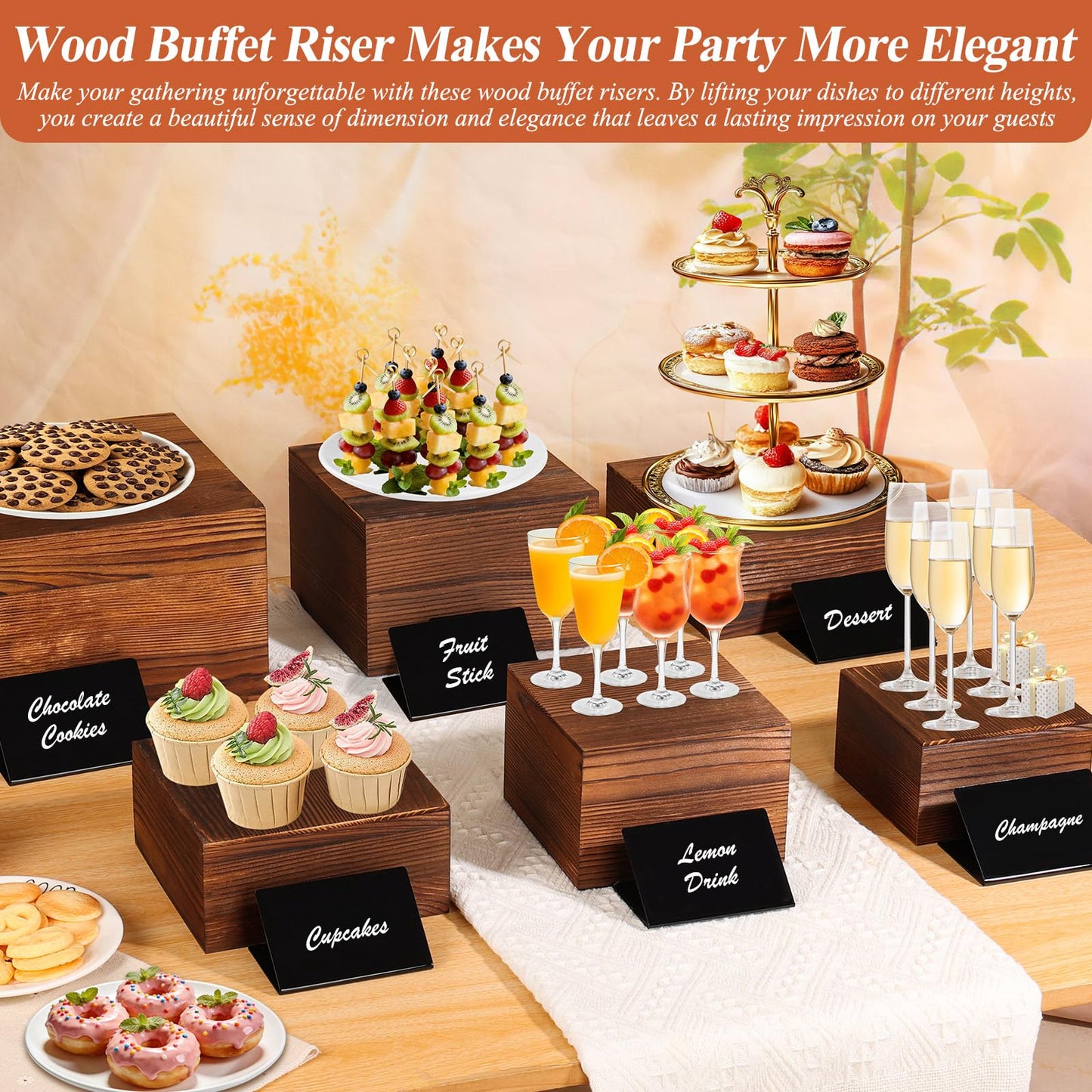 Qinzave 7 Pack Wooden Risers Display Stands with Acrylic Maker Pen and Mini Sign, Food Risers for Buffet Table Shelf Display Stand for Party Catering Dessert Cupcake Jewelry