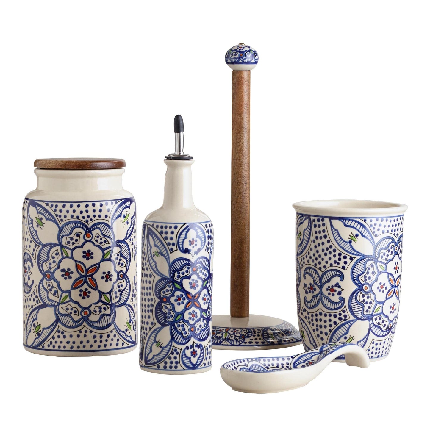 Tunis Freestanding Ceramic and Wood Paper Towel Holder Countertop - Ceramic Napkin Roll & Paper Towel Stand for Kitchen Table - Stand Alone Wooden Papertowel Kitchen Roll Holder - African Home Decor