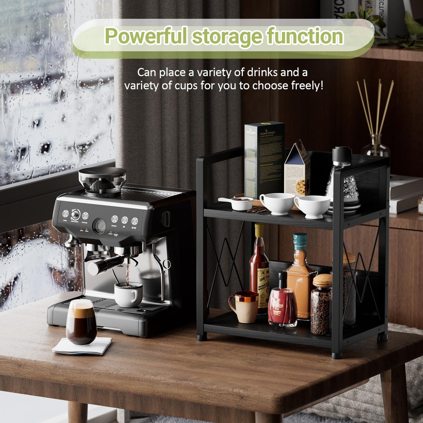 Aduanbang Coffee Bar Accessories Organizer, Seasoning Organizer, 2 Tier Wooden Kitchen Counter Shelf, Coffee Organizer Station for Countertop, Coffee Condiment Rack for Mugs, Cups, Cream, Syrup