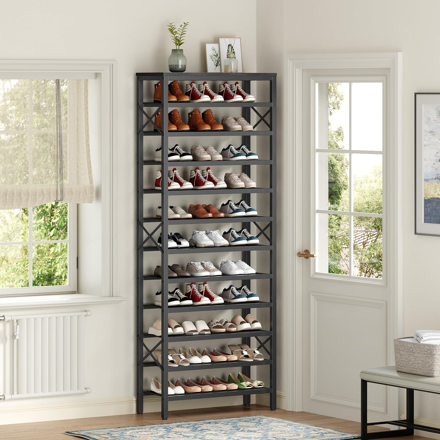 YATINEY 5-Tier Shoe Rack with 3 Drawers and 12-Tier Tall Shoe Rack Organizer, Wooden Shoe Storage for Closet Holds 48 Pairs, Sturdy Shoe Shelf SS35BB-SS212BB