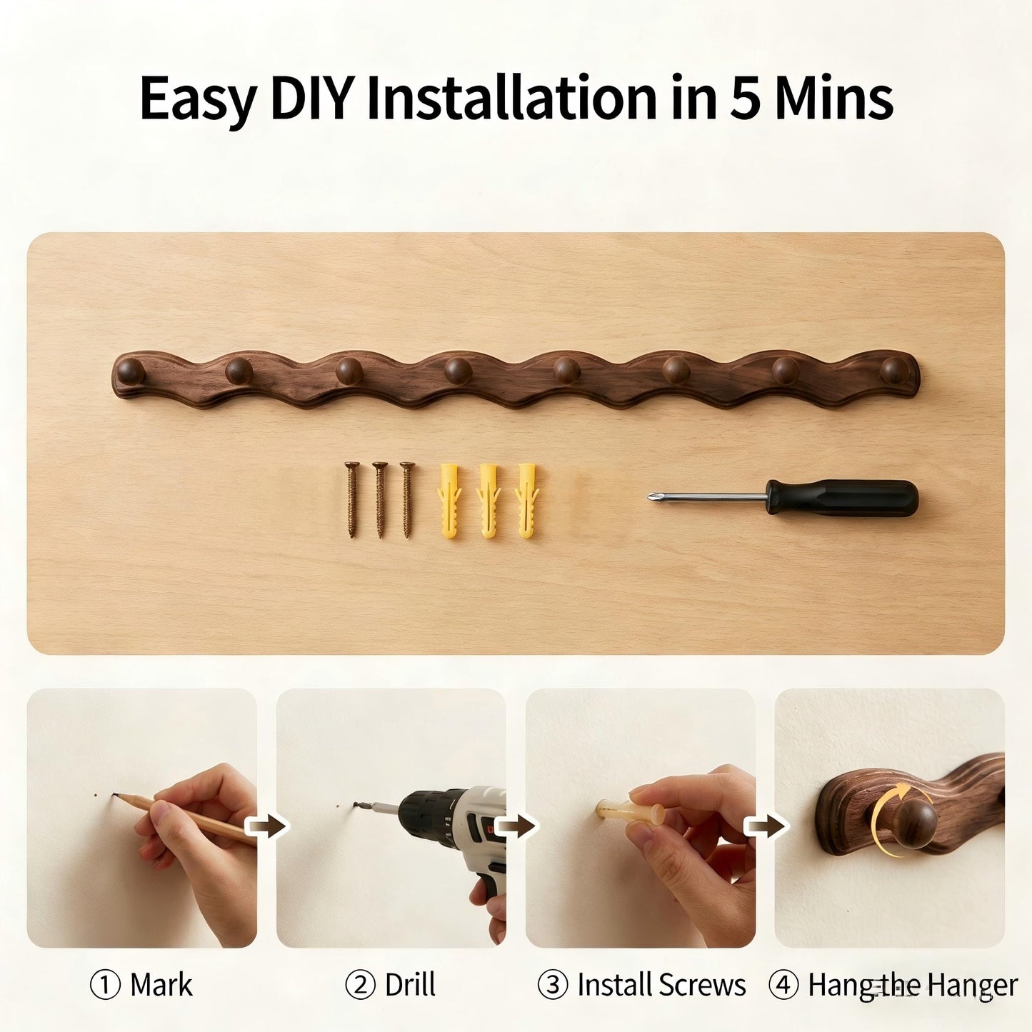 Wood Coat Rack Wall Mount -8 Pack Walnut Coat Hooks for Hanging Clothes,Keys, Robes,Purse,Towels,Bags,Backpack, Modern Decorative Wall hooks Heavy Duty Hanger Organizer for Bathroom,Entryway & Bedroom