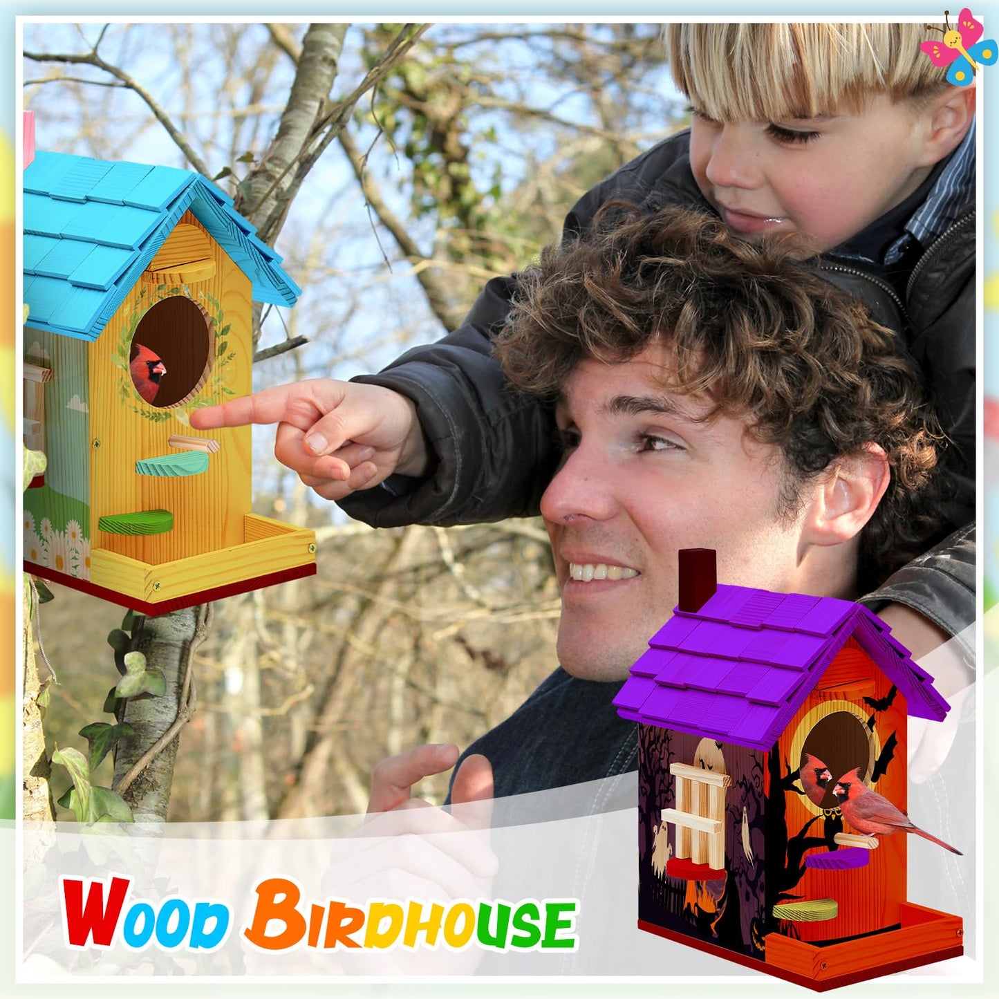 Liliful Wooden Bird House Kits, Build It Yourself Woodworking Kit for Adult Kids 4-8, 8-12 with Paint and Paintbrushes, Solid Weather Proof Natural Pine Wood, Pre Drilled (1 Pack,Modern Style)