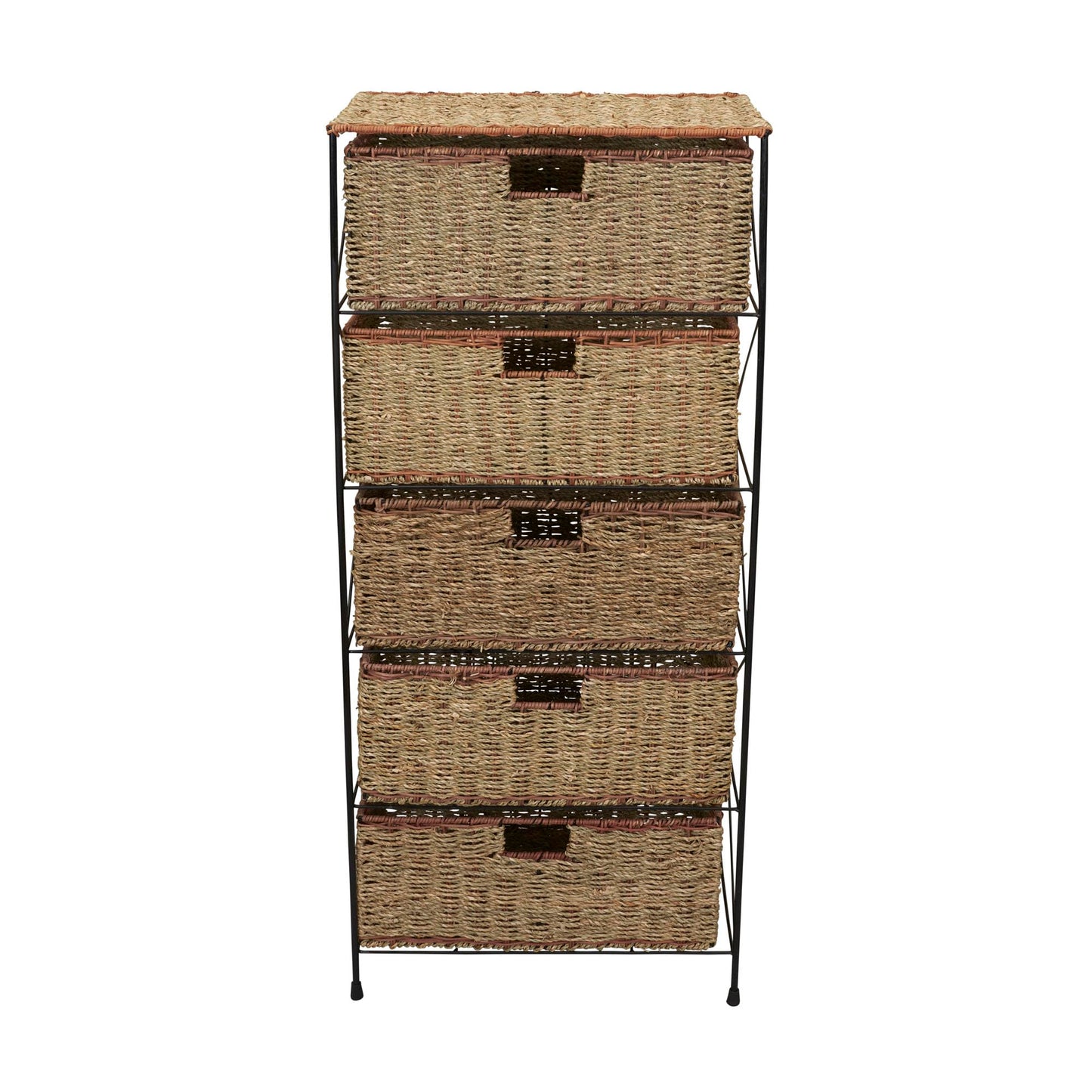 Household Essentials 5 Drawer Seagrass Wicker Storage Tower with Handwoven Rattan Design and Strong Metal Frame, Natural Rustic Modern Finish