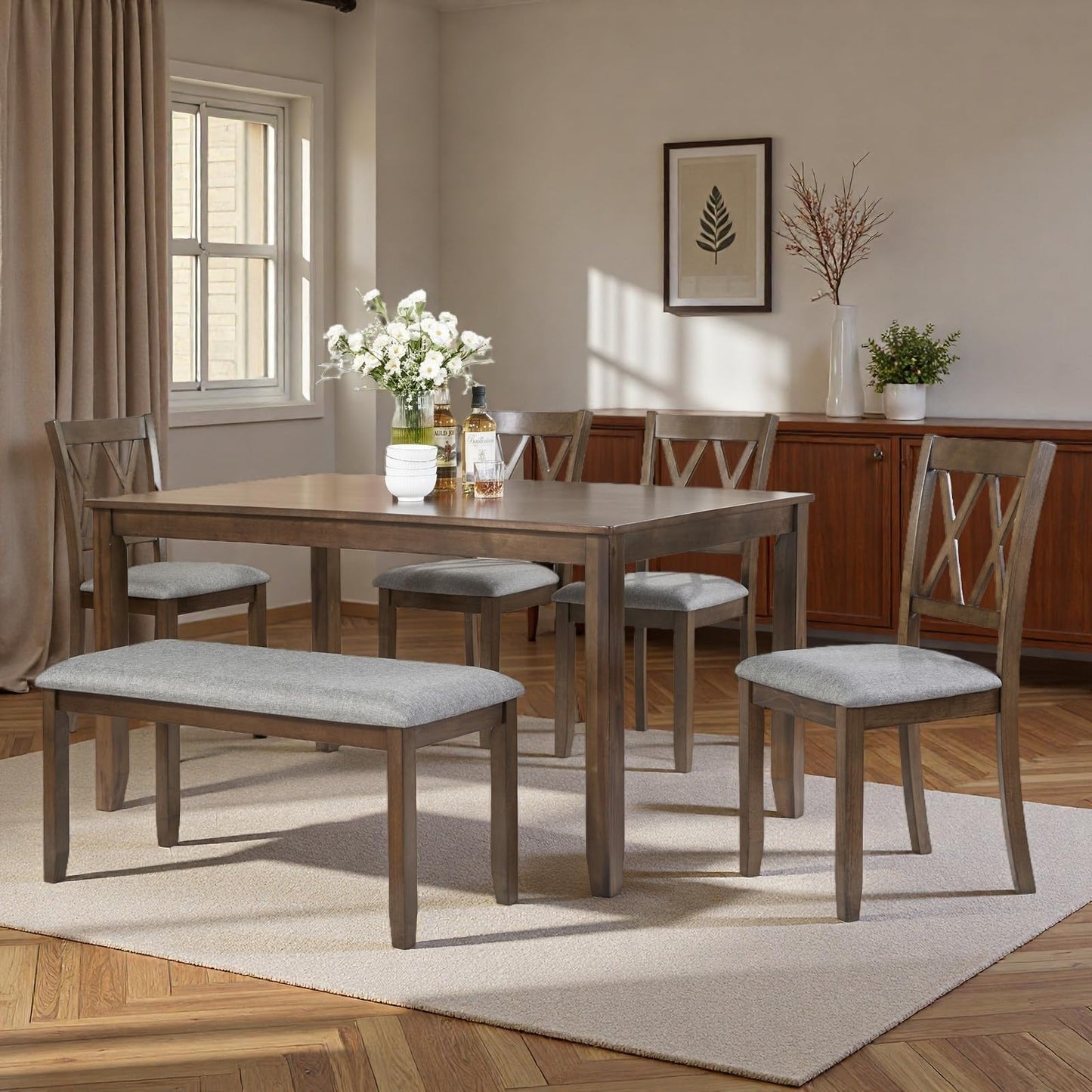 Trygoal Dining Table Set, Wooden Kitchen Table Set with Rectangular Table, 4 Vertical X Backrest Upholstered Chairs & a Bench, Table and Chairs with Non-Slip Feetmats for 6 People, Living Room, Walnut