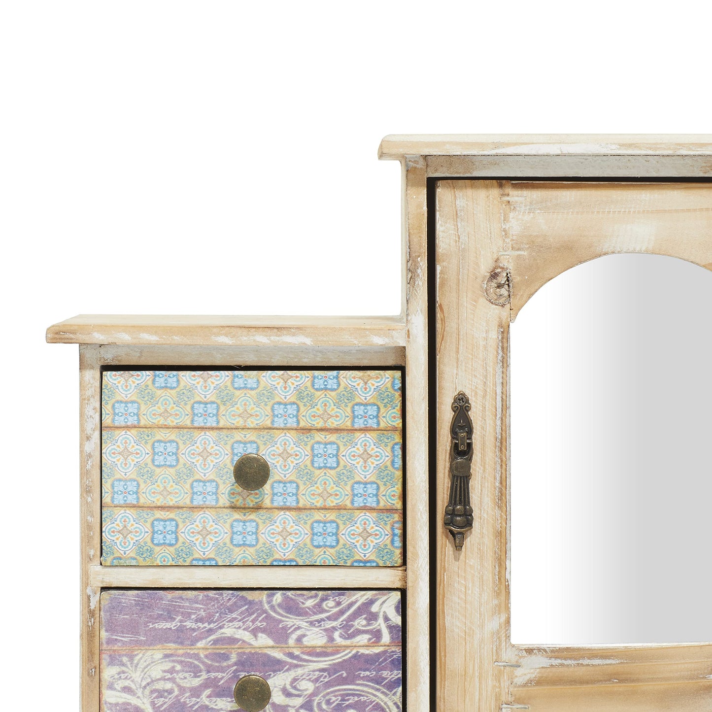 Deco 79 Wooden Decorative Jewelry Box 7 Drawers Jewelry Organizer with Patchwork Patterns, Jewelry Holder 18" x 6" x 16", Light Brown