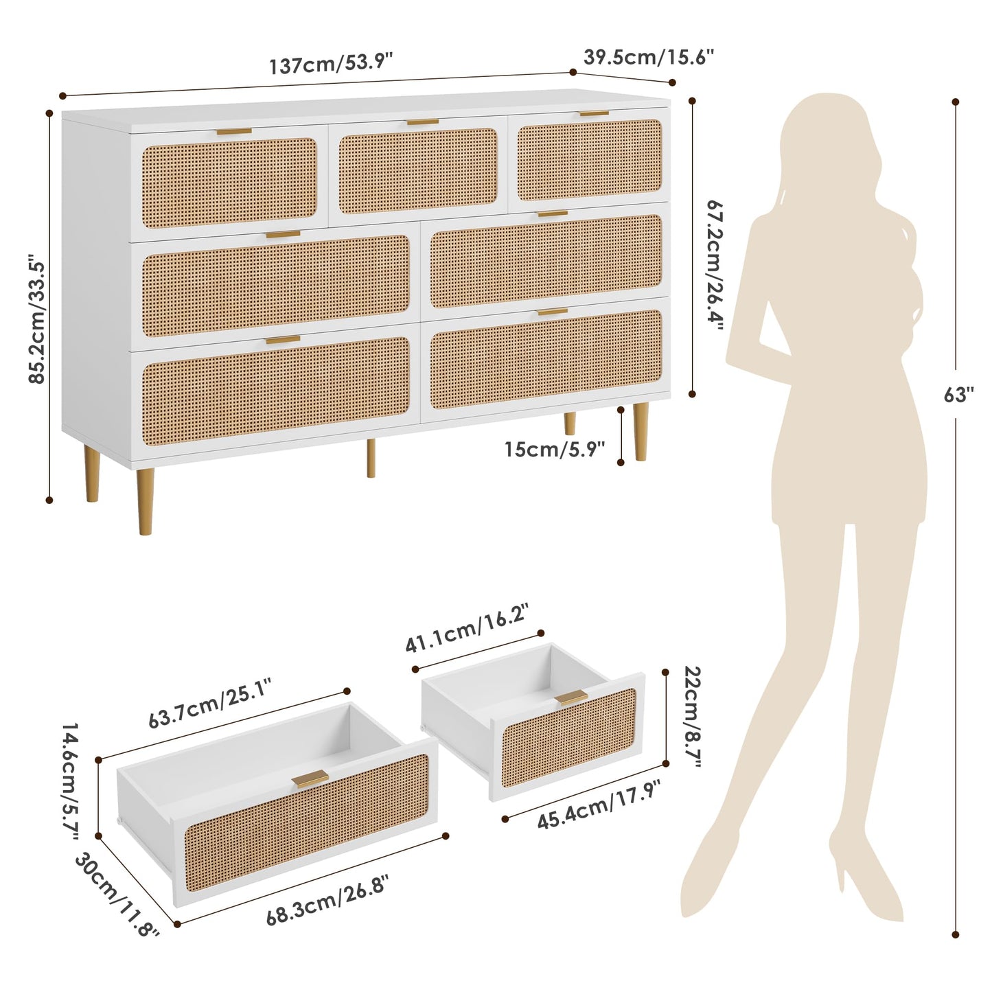 GarveeHome Rattan 7 Drawer Dressers for Bedroom, Tall Dresser with Deep Drawers, Large Chest of Drawers for Closet with Wide Top, Long Wooden Dresser for Living Room, Hallway, Kids Room, White