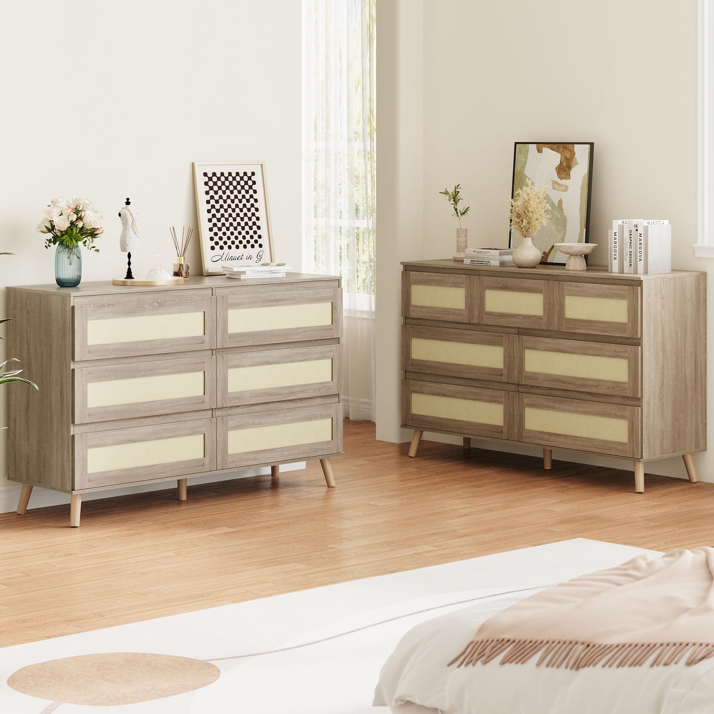Patikuin Modern Rattan 6 Drawer Dresser for Bedroom, Wooden Chest of Drawers with Storage, Clothes Organizer Cabinet for Nursery, Living Room, Entryway, Natural Finish