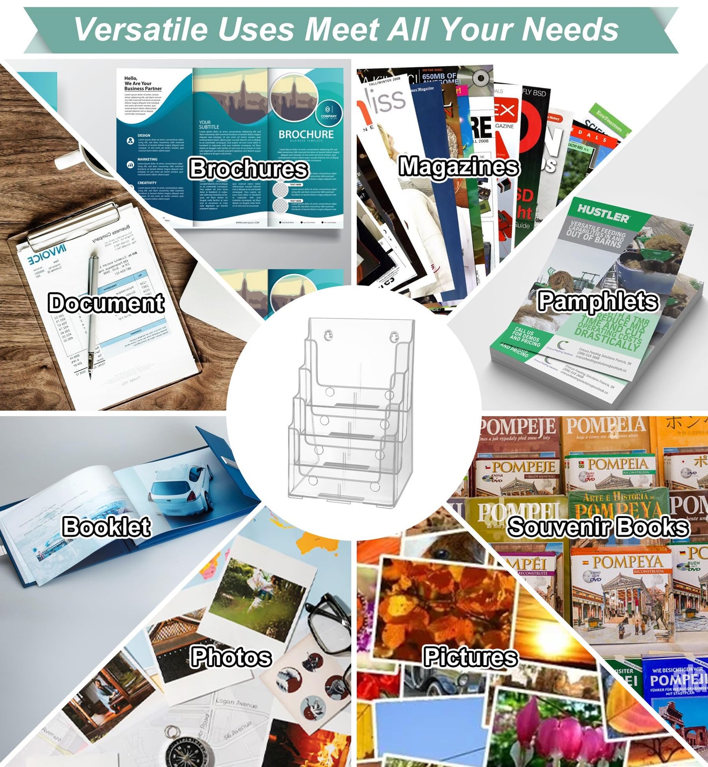 Argvey Acrylic Brochure Holder 8.5 x 11 inches, 4 Tier Clear Brochure Display Stand with Removable Divider for Trifold 4 Inches Wide Pamphlet, Plastic Flyer Holder for Magazine, Literature, Booklet