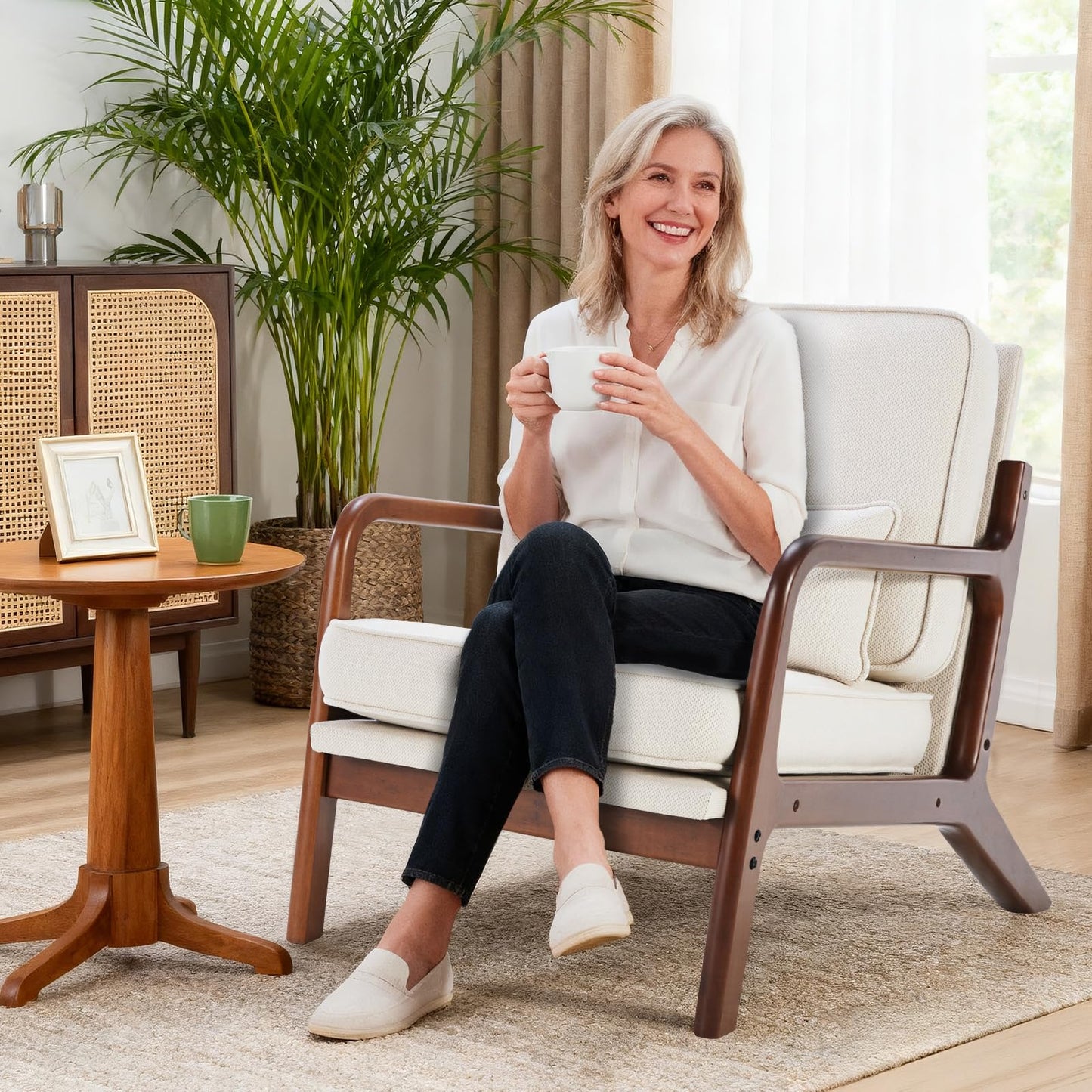 DUMOS Mid Century Modern Accent Chairs Set of 2, Armchair with Lumbar Pillow and Waist Cushion, Solid Wood Frame Lounge Chair for Living Room, Bedroom, Reading Nook, Small Apartment Corner, Beige