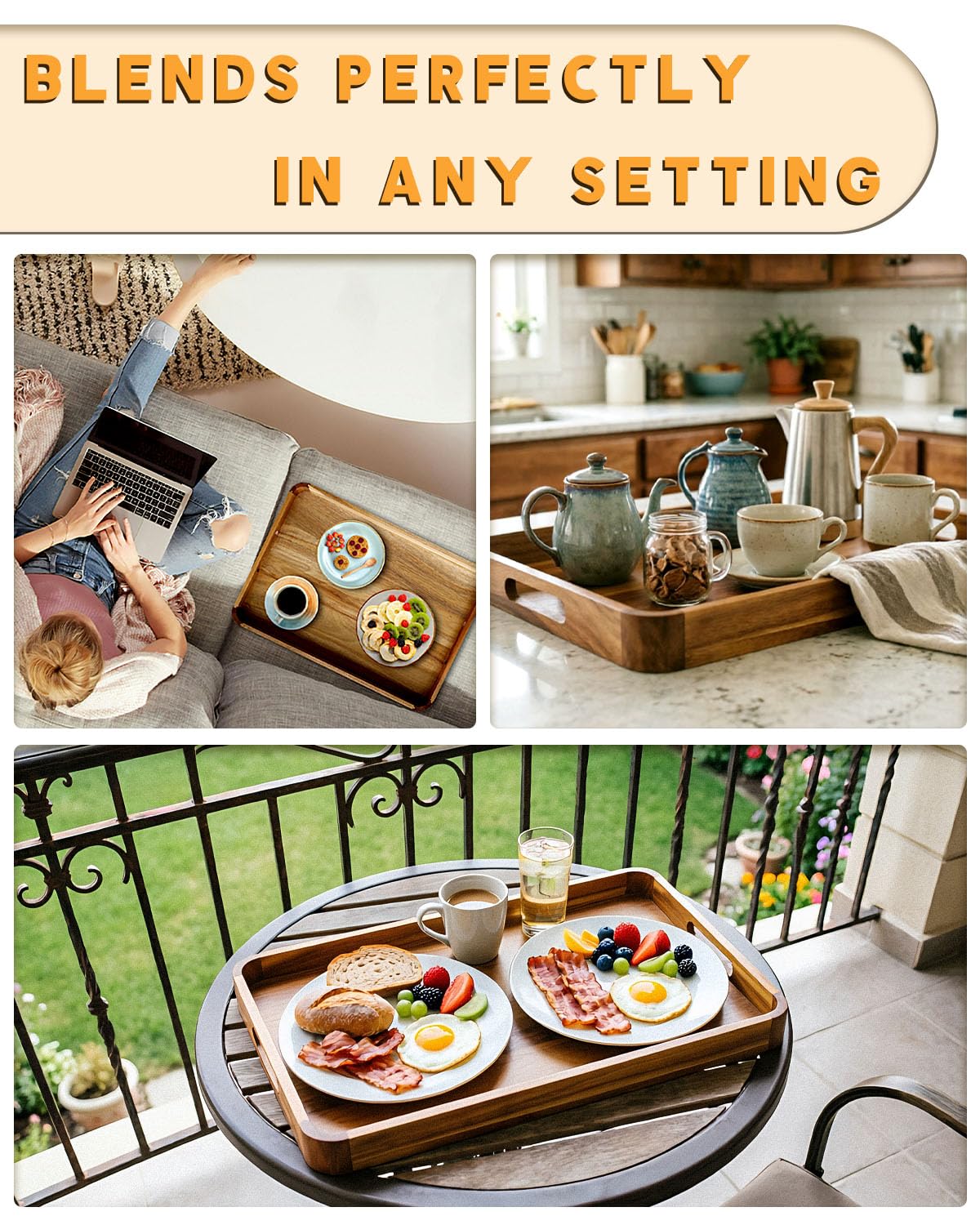 OurMiao 22" x 15.75" Acacia Wood Serving Tray with Handles Rounded Corners, Large Rectangular Wooden Ottoman Tray for Living Room, Coffee Station