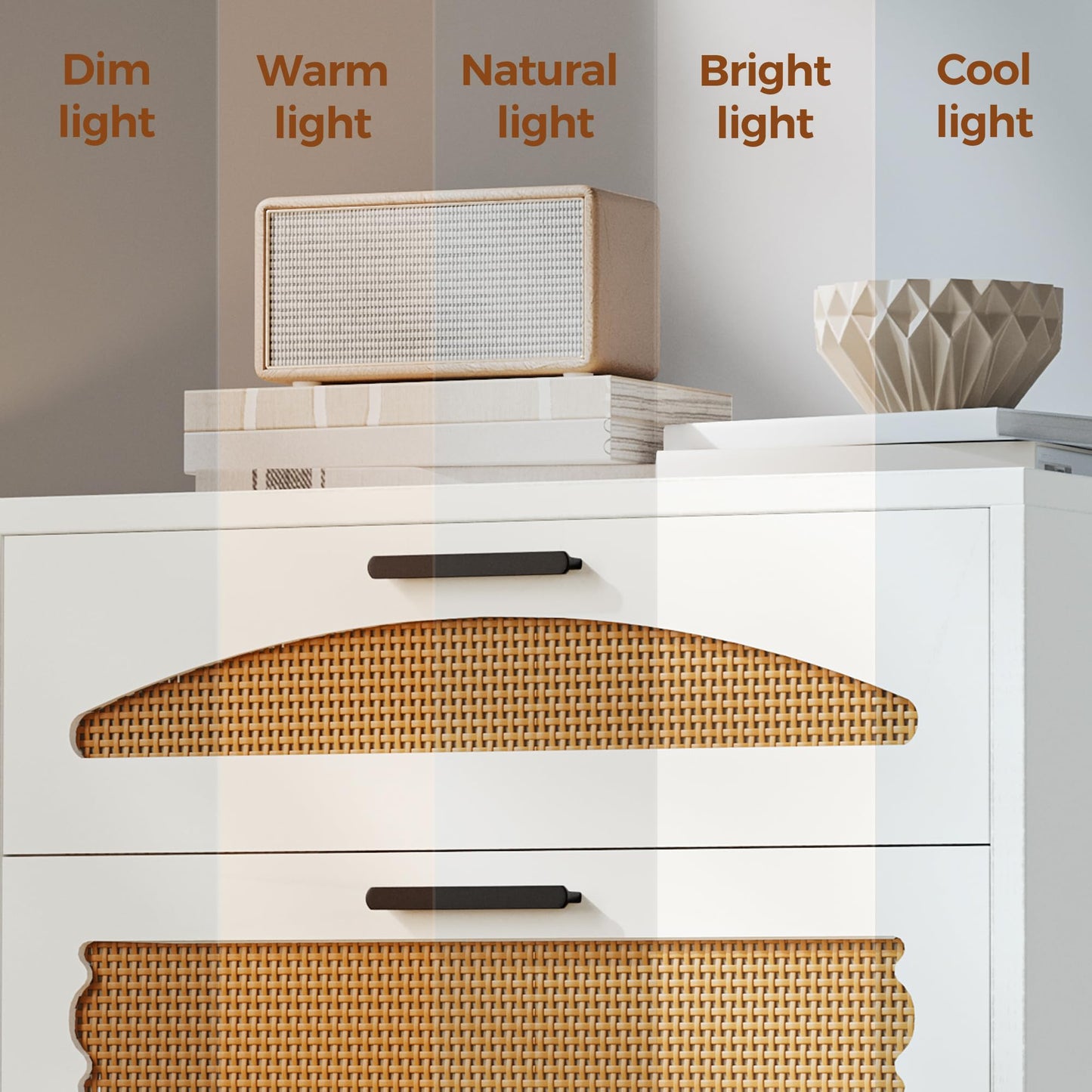 Mericonia 4 Drawer Rattan Dresser for Bedroom, Wood Tall Dresser for Closet with Metal Handles, Boho Nightstand Sets, Dressers & Chests of Drawers for Bedroom, Hallway and Entryway, White