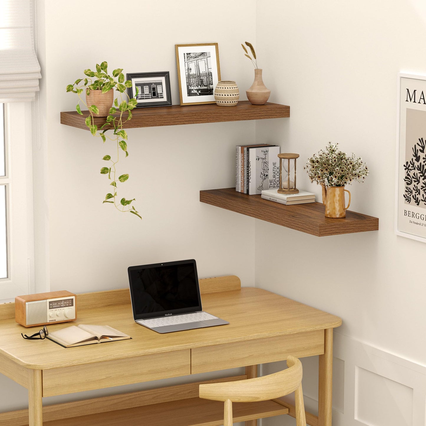 Feihorrm 24 Inch Floating Shelves, 12 Inch Deep Floating Shelves for Wall, Extra Deeper & Thicker Wooden Wall Shelf with Invisible Brackets, Shelf for Bedroom Living Room Home Decor(Walnut, Set of 2)