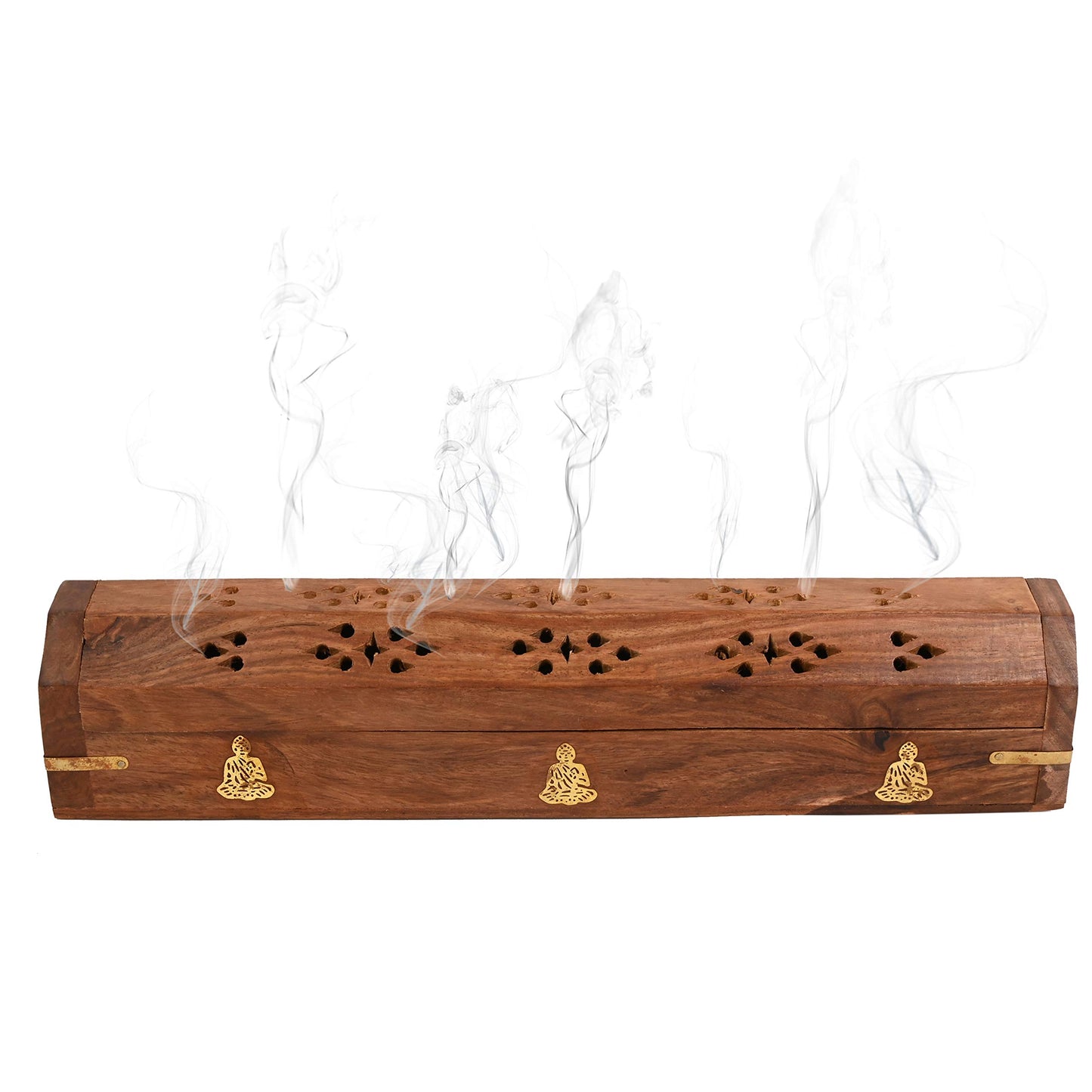 Incense Garden Pack of 2 Incense Stick Holder - Coffin Style - Wood Incense Stick Burner with Buddha Inlays (Natural) Handmade with Brass Inlays