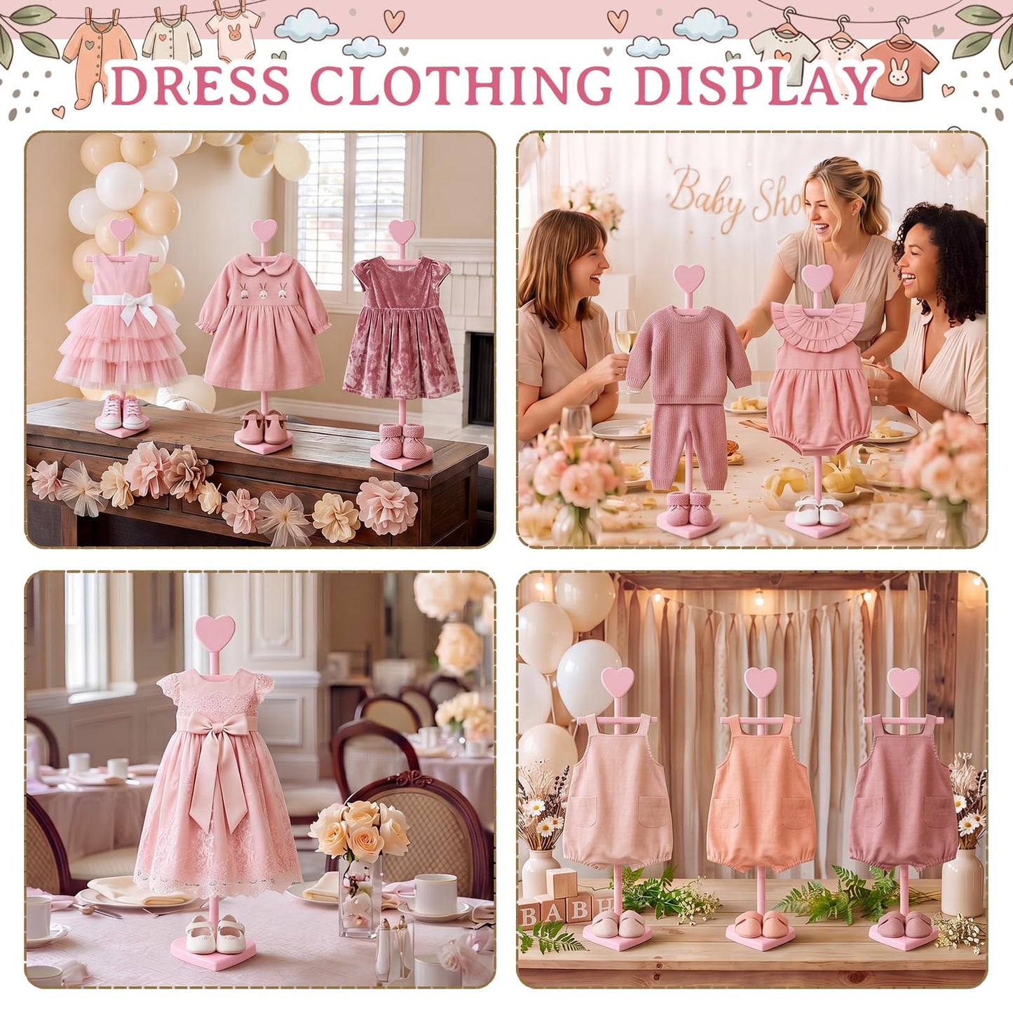 Fuutreo 2 Packs Baby Clothes Display Stands Heart-Topped Baby Shower Centerpiece Babies Clothes Rack with Bow Wooden Adjustable Outfit Hangers Display for Layette Dress, Hand Assembled (Pink)