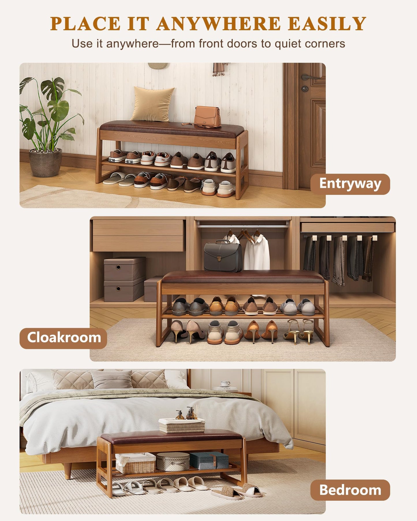 Shoe Rack Bench with Hidden Storage, 2-Tier Solid Rubberwood Entryway Bench with Soft Leather Cushioned Seat & Flip-Top Storage, 330lbs Capacity, Wooden Shoe Organizer for Hallway, Closet, Foyer