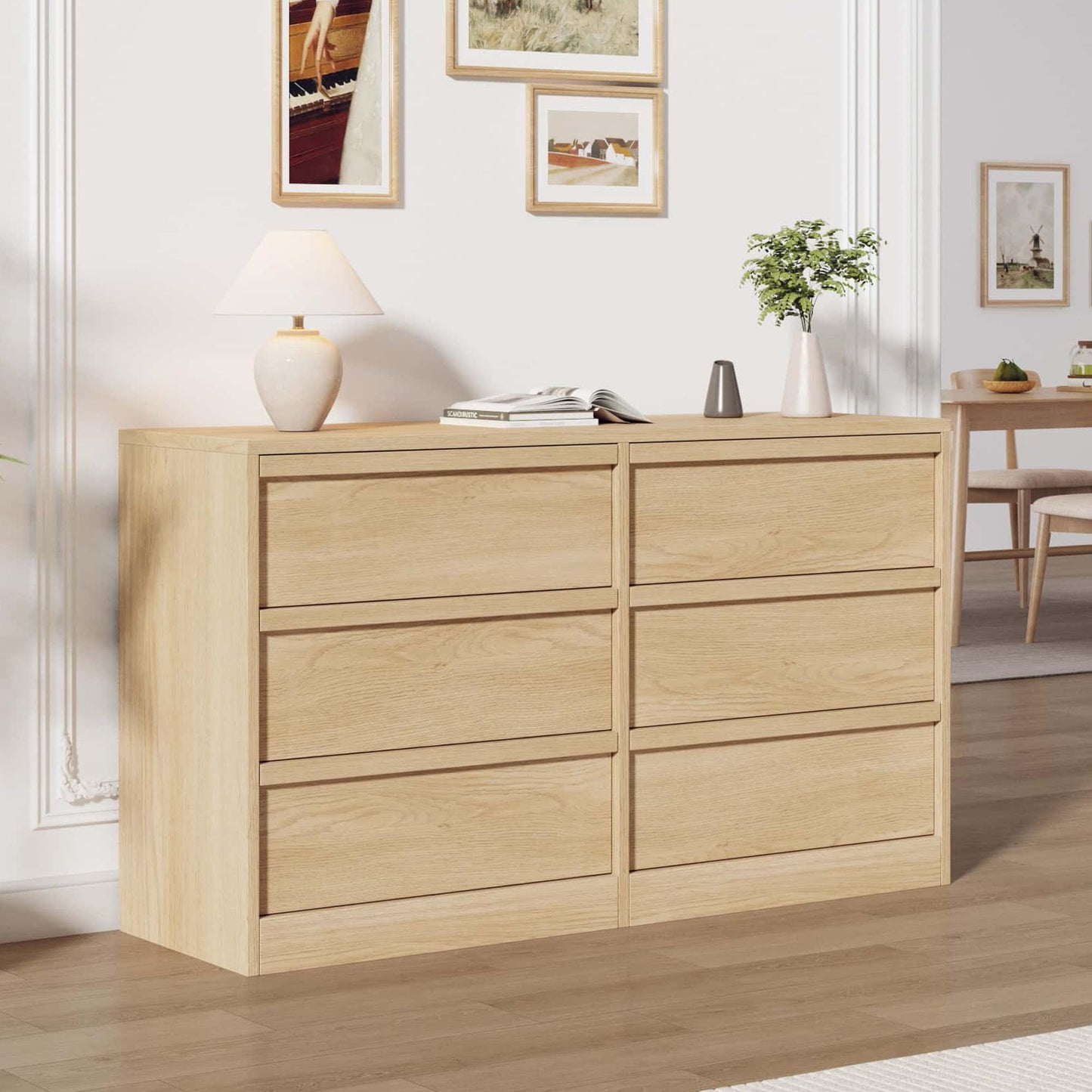 Garvee 6 Dresser for Bedroom, 46.7" Wide Dresser, Freestanding Horizontal Drawer with Storage, Wooden Closet Chest Storage for Living Room, Hallway, Entryway, Natural Oak