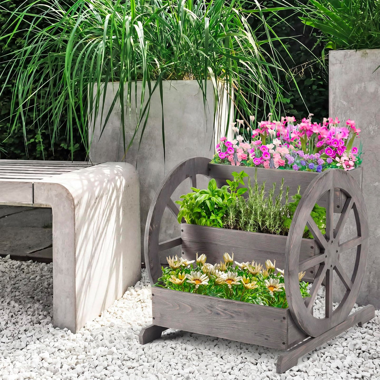 Beeveer Wooden Wagon Planter Box Garden Planter for Outside with Drainage Holes Decorative for Patio Garden Balcony Vegetables Flowers Herbs(Washed Antique Gray)