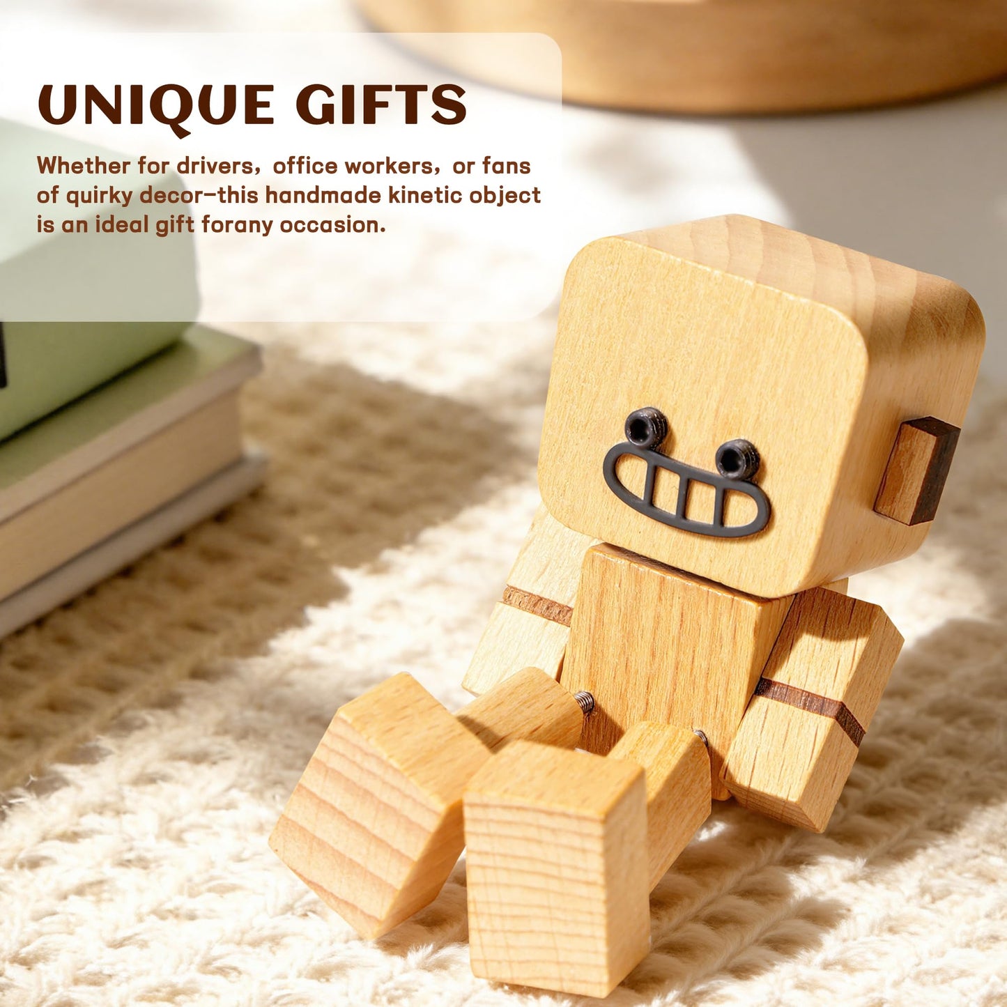4 pcs Shaking Wooden Man Figurine,Wooden Figure with Spring Legs, Shaking feet Wood Doll, Funny Desktop Decor with 12 PCS Expressions, Car Dashboard Decorations(Beech)