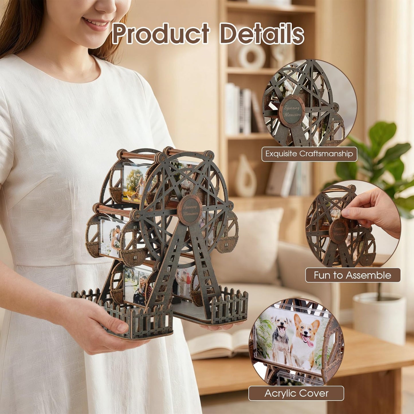 Photo Ferris Wheel 3D Wooden Puzzles for Adults, Rotating Mini Picture Frame Wood Model Kits - Unique Graduation, Personalized Anniversary Presents for Dad, Women Men