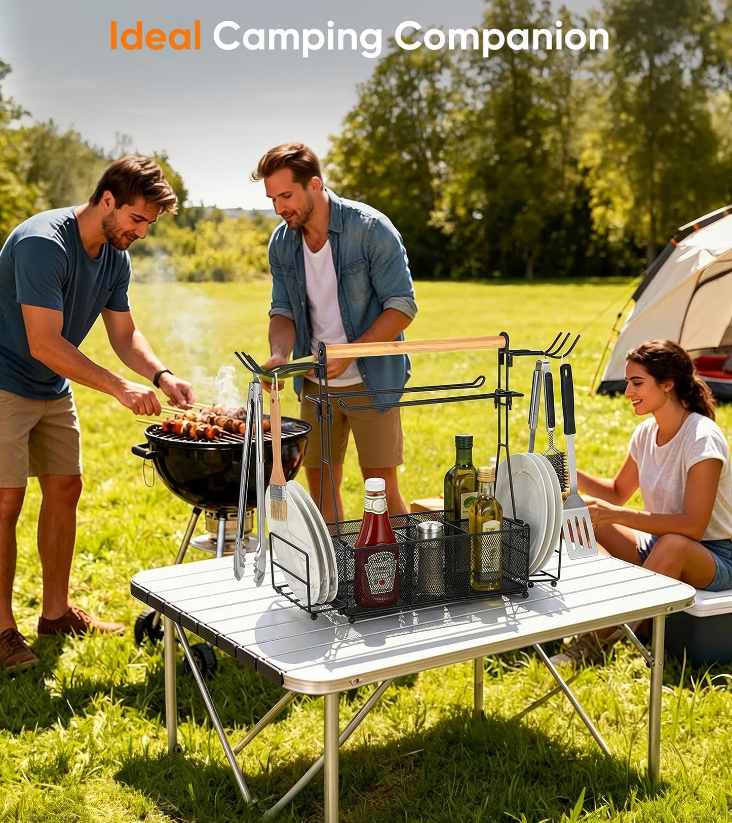 PWSOMJ Grill Caddy Barbecue Tool Sets for Outdoor Grill, Picnic BBQ Caddy Picnic Utensil Condiment Organizer, BBQ Accessories Camping Gifts with Paper Towel Holders, Compartments & Hooks