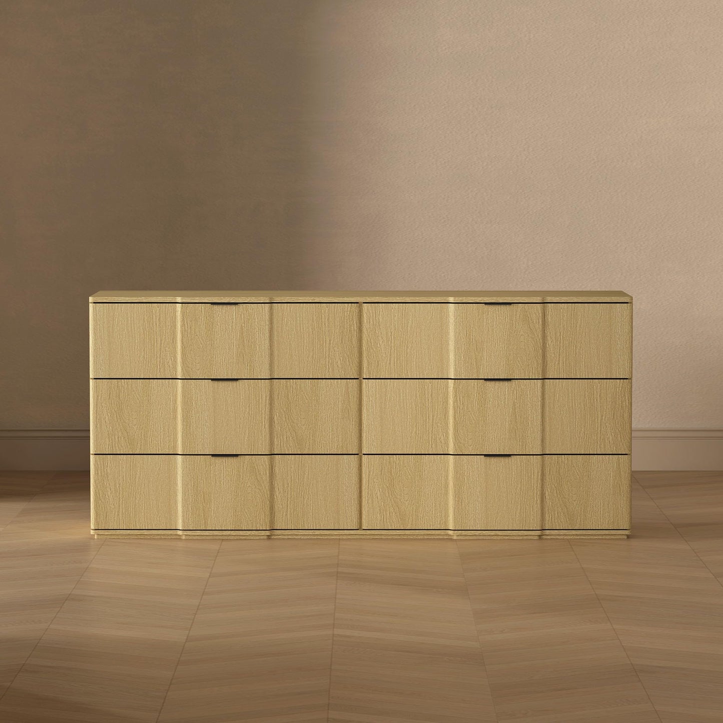 Manhattan Comfort Clive 72” Modern 6 Drawer Dresser, Wide Chest of Drawers with Sculpted Fluted Front & Accent Recessed Handles, Doubles as 70” TV Stand, Natural Oak