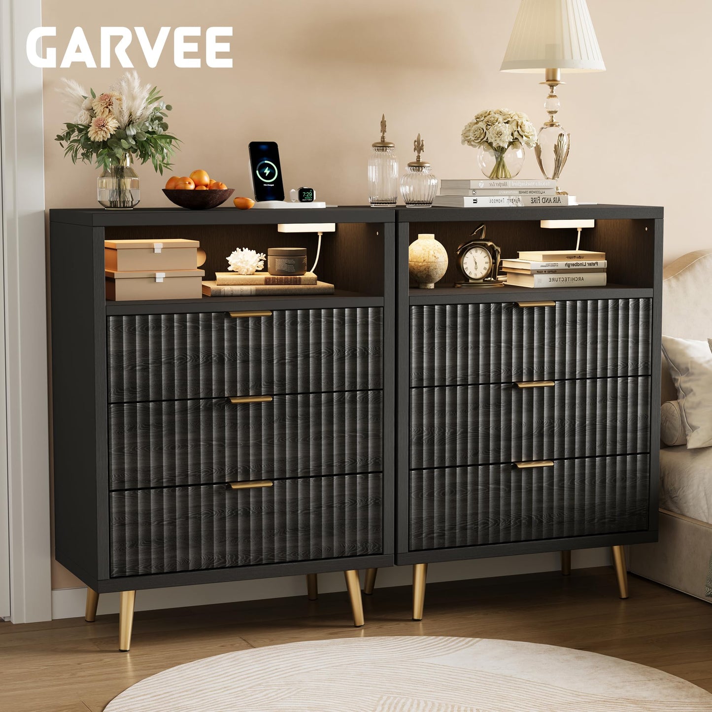 3 Drawers Dresser for Bedroom, 28" W Wooden Dresser with LED Lights and Charging Station, Fluted Wood TV Stand with Gold Handle, Modern Chest of Dressers for Closet, Living Room, Hallway, Black