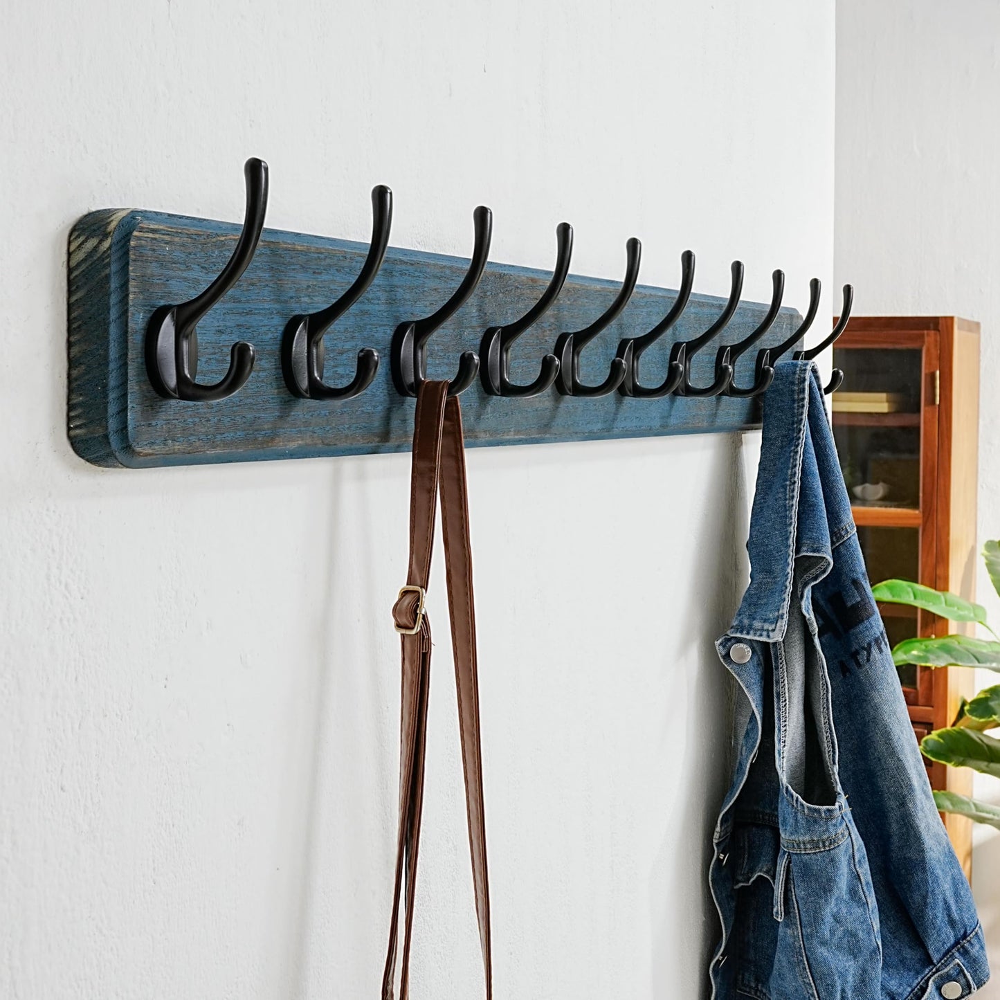 Dseap Coat Rack Wall: 38-1/4" Long, Patented, Heavy-Duty, 10-Double-Hooks Wooden Wall Mounted Coat Rack Coat Hanger Hook Rail for Winter Coats Hat Jacket Clothing, Weathered Blue, Pack of 2