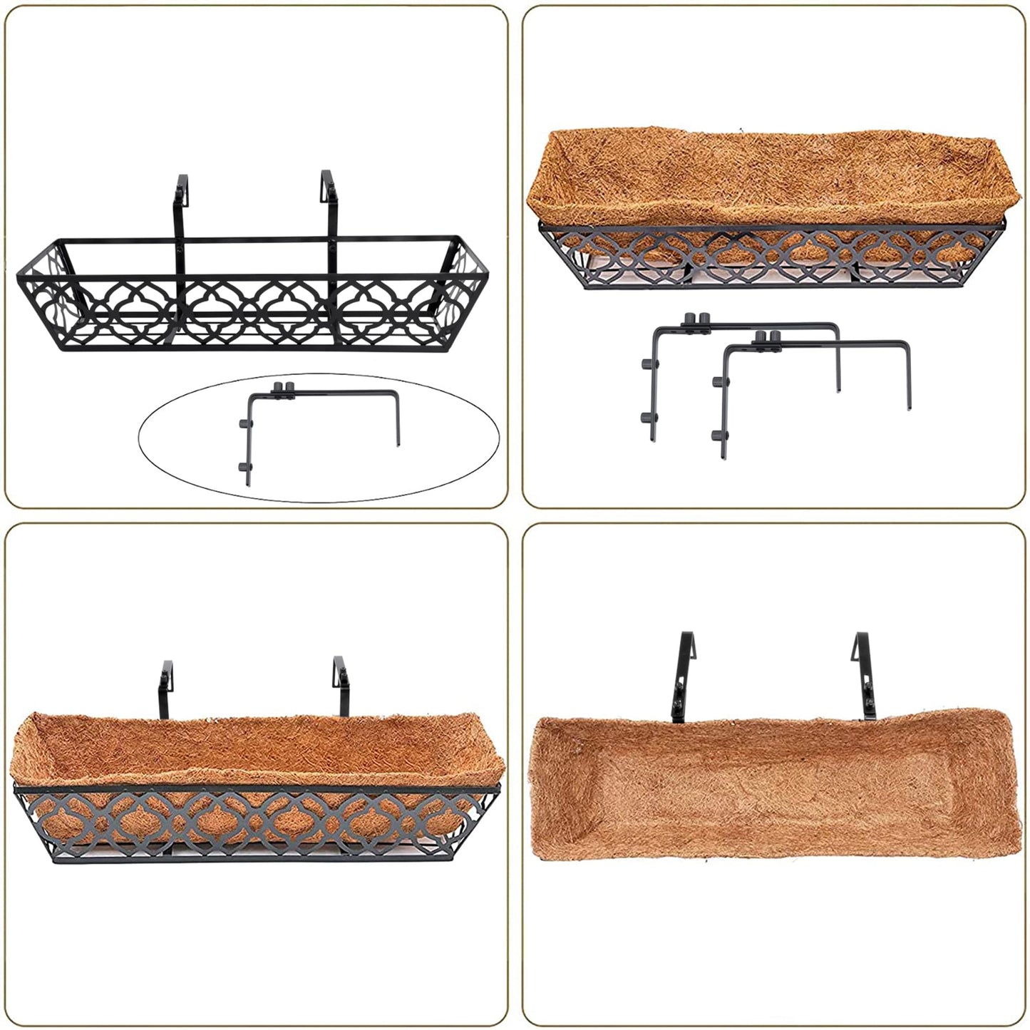 HFHOME 2 Pcs 30" Deck Railing Planter Box with Horse Trough Coco Liners, Black Window Box Metal Hanging Flower Planters Baskets for Indoor, Outdoor, Balcony, Porch, Fence, Patio, and Lawn