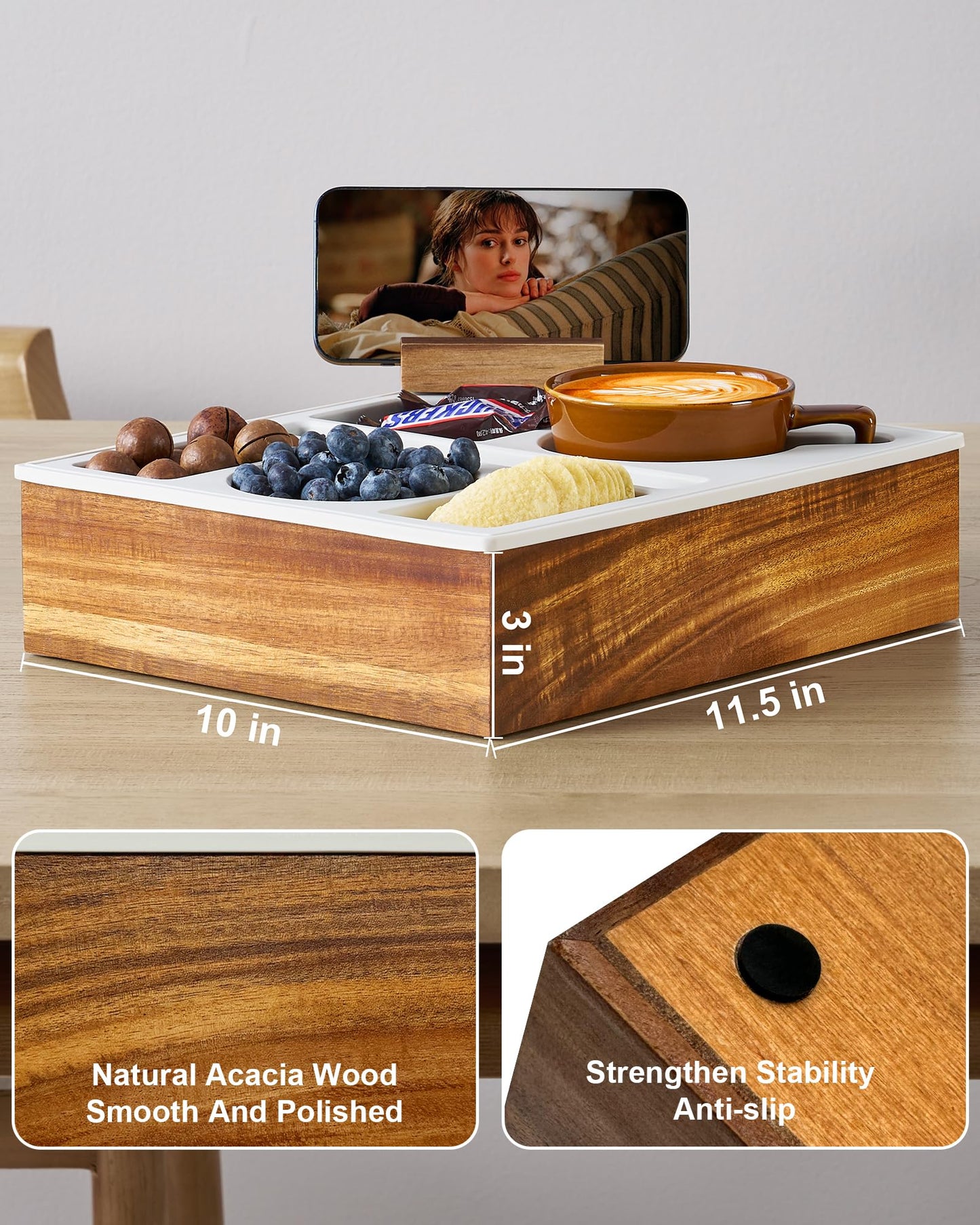 Couch Cup Holder,Hitseon Upgrade Silicone Acacia Wooden Cup Caddy with Cup Holder for Car Back Seat,Couch Console Caddy for Snack Drink Remote Control Grey