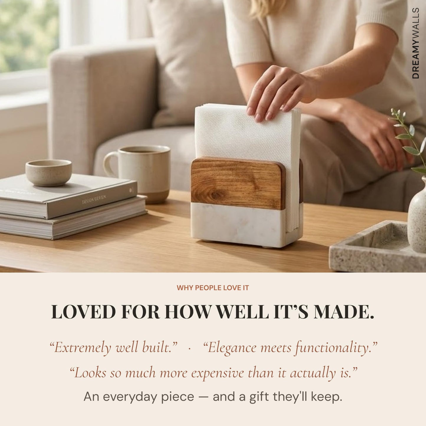 Dreamy Walls 5.5” Marble Napkin Holder for Dining Table & Kitchen Counter | Modern, Upright, Acacia Wood & Marble Napkin Dispenser & Stand | Cocktail, Party, Countertop Use | Handmade in India