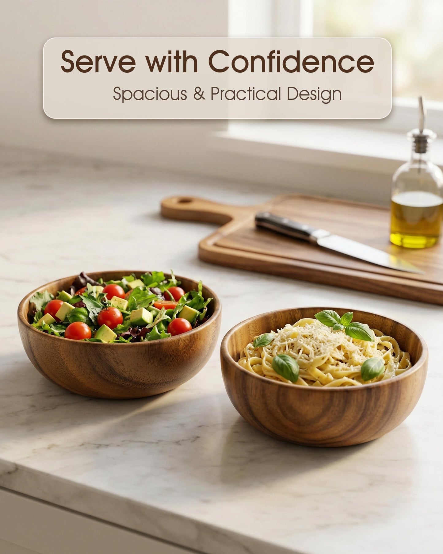 GleeNflux Wood Bowl Set of 2, 8.6" Acacia Wooden Salad Bowls, Natural Solid Wood Serving Bowls for Salad, Pasta, Fruit, Snacks, Kitchen & Dining, Housewarming Gift
