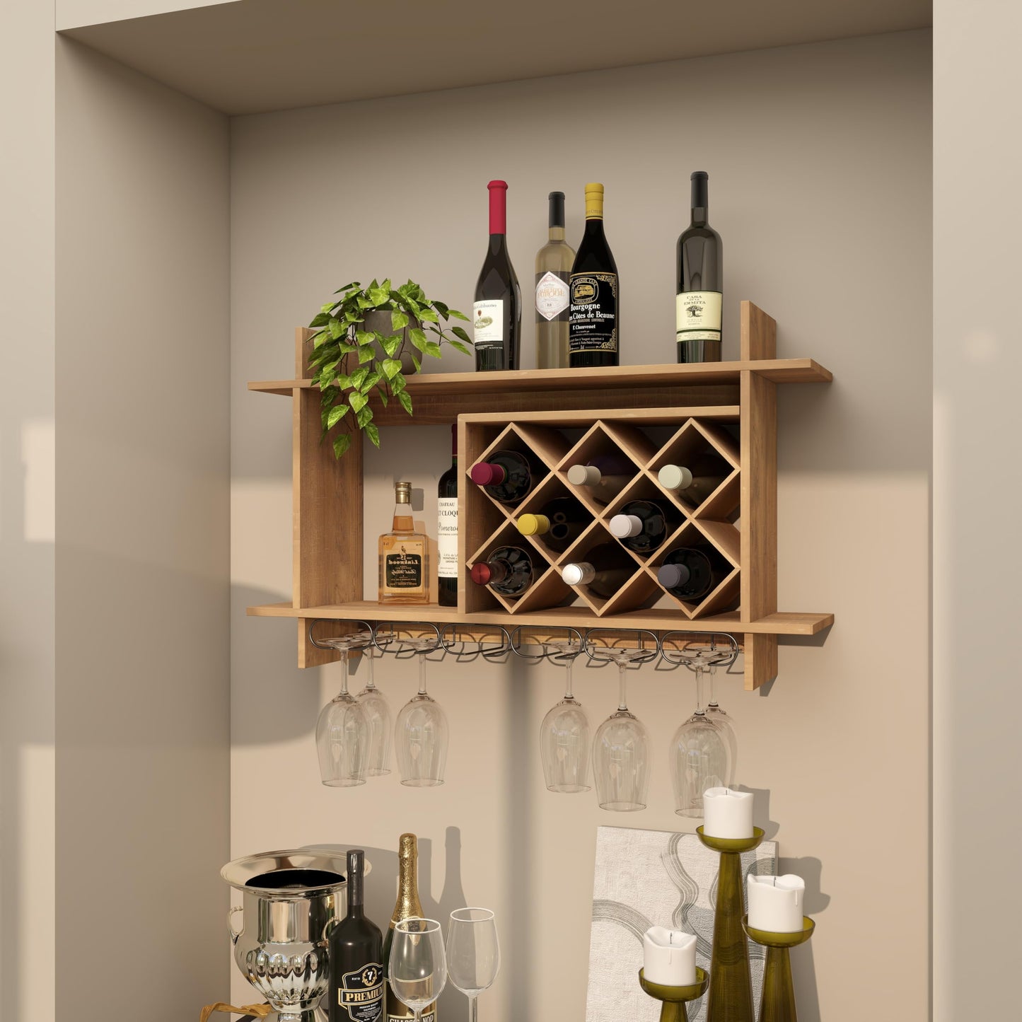 Deco 79 Wood Geometric 8 Bottle Slot Wall Wine Rack with 6 Glass Holder Slots, 34" x 8" x 20", Brown