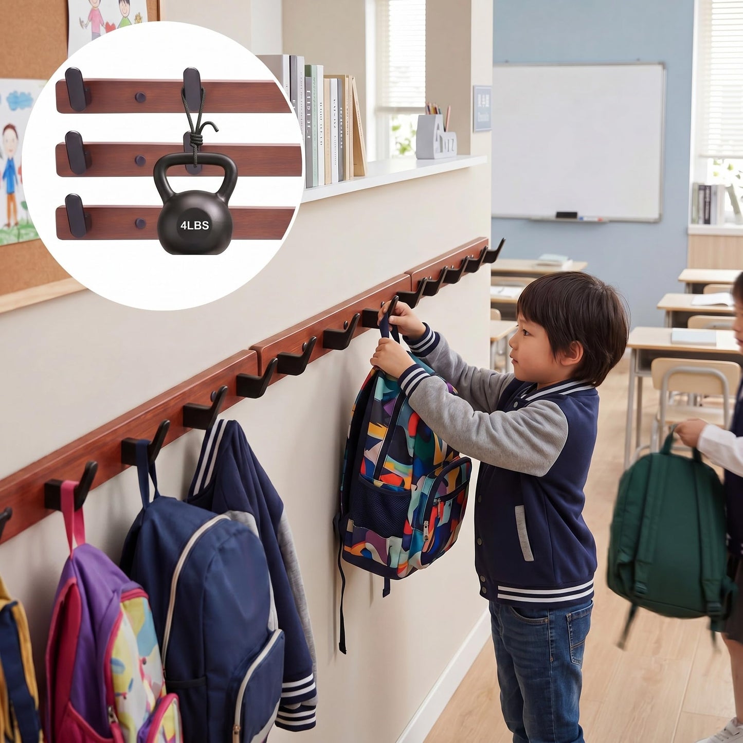 Chumia 4 Pcs Classroom Wall Backpack Hooks 17.7 Inch Wooden Heavy Duty Coat Hanger with 20 Hooks Deal Large Coat Rack Wall Mount Hanger for Back to School Organizer Hanging Backpack Hats Clothes