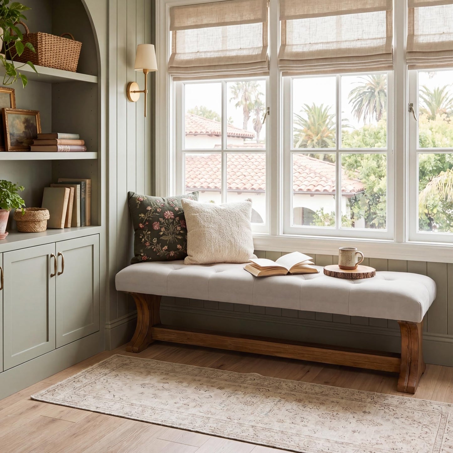 LITTLE TREE 55" Upholstered End of Bed Bench, Solid Wood Tufted Entryway Bench, Farmhouse Ottoman with Cushion for Bedroom, Foot of Bed, Living Room, Hallway, Light Gray