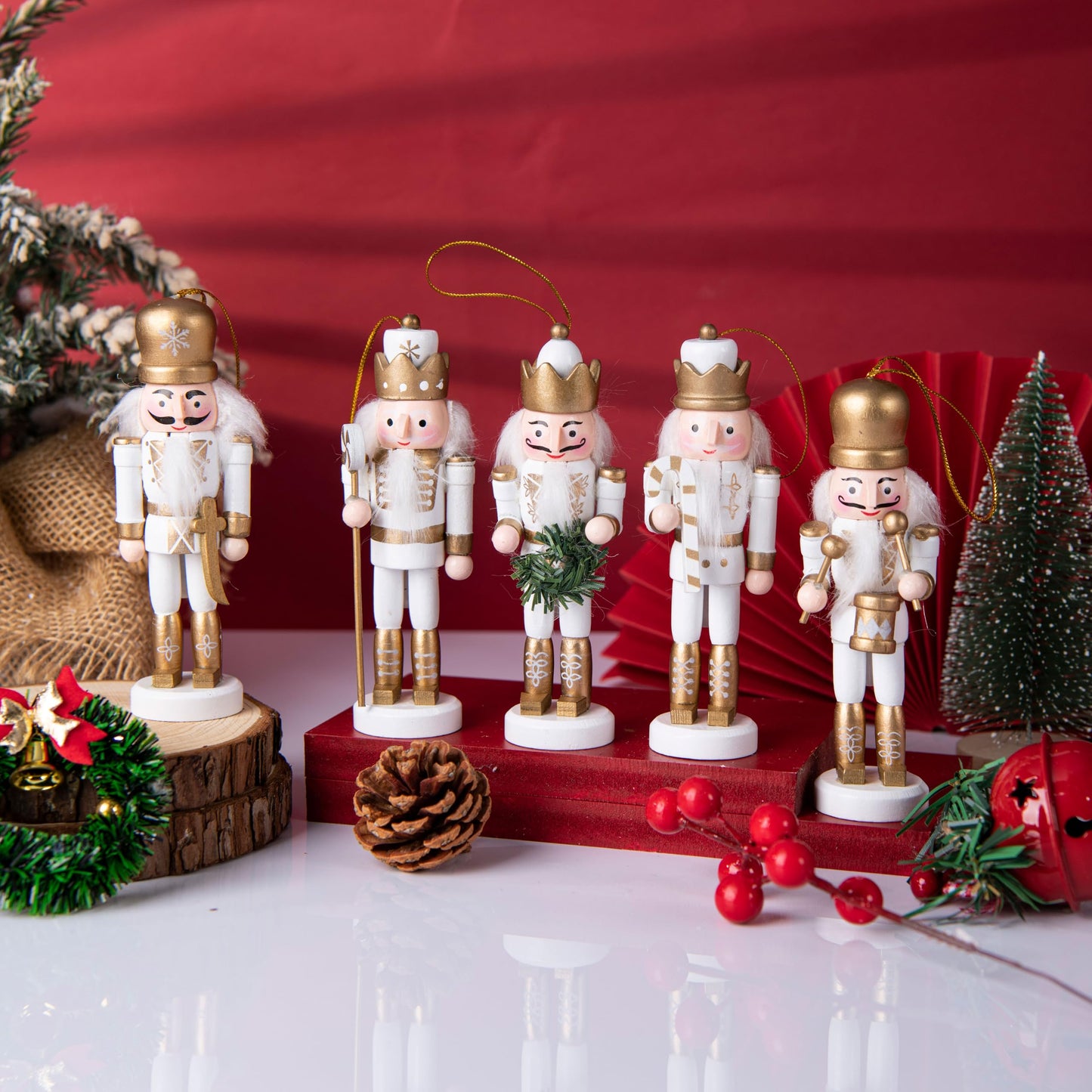 10 Pcs Mini Christmas Nutcracker Ornaments Set Classic Small Wooden Bulk Nut Cracker Figure Decor Wood Miniature Toy Soldier Christmas Tree Topper Decorations, White Silver Glitter Gold, 5 Inch