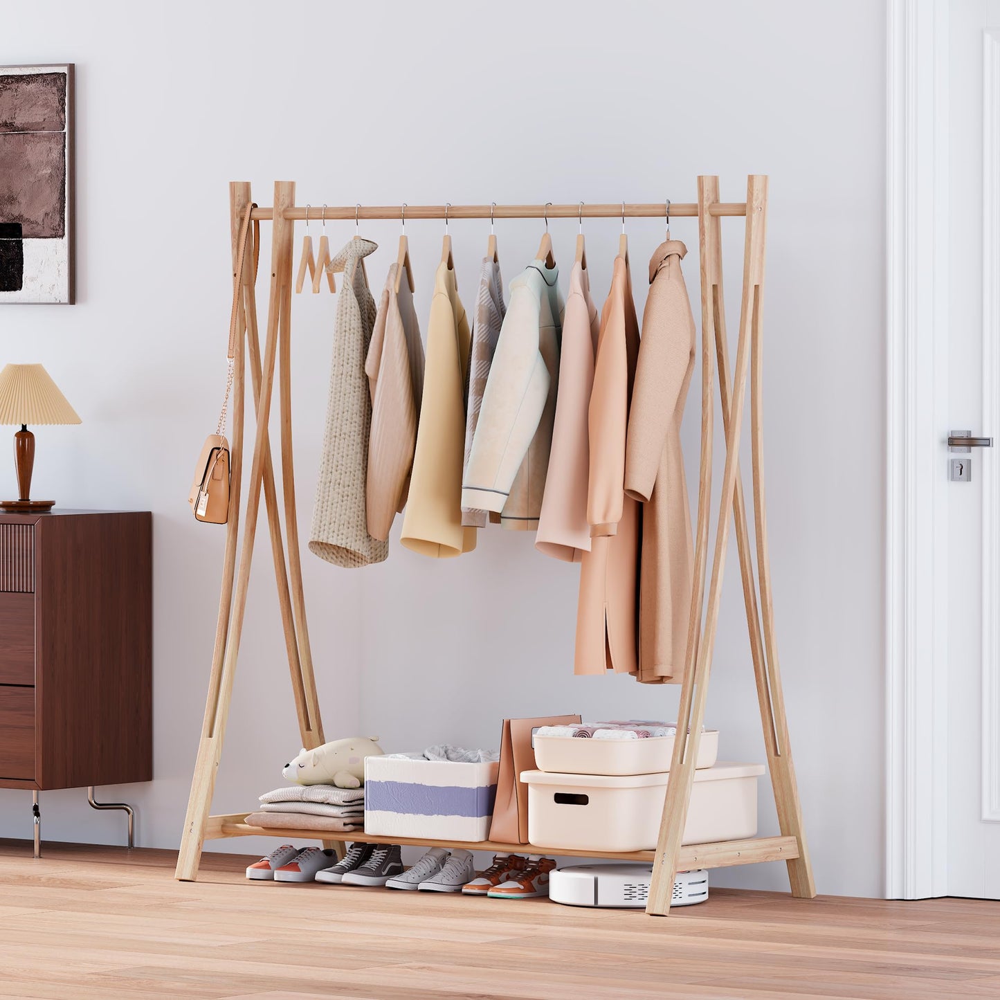 LEMODOR Wooden Retail Display Hanging Clothes Rack with Storage Shelf, 52" W x 57" H Freestanding Heavy Duty Clothing Drying Garment Rack for Hanging Clothes, Coat, Dress, Shirt, Hat