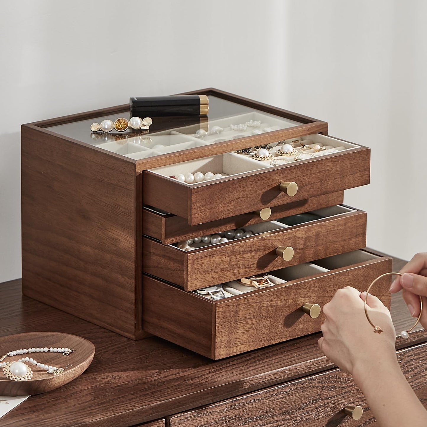 CHOSIN Black Walnut Jewelry Box for Women, 4-Layer Wooden Organizer with Glass Lid, for Watches, Necklaces, Rings & Earrings Storage Christmas Gifts