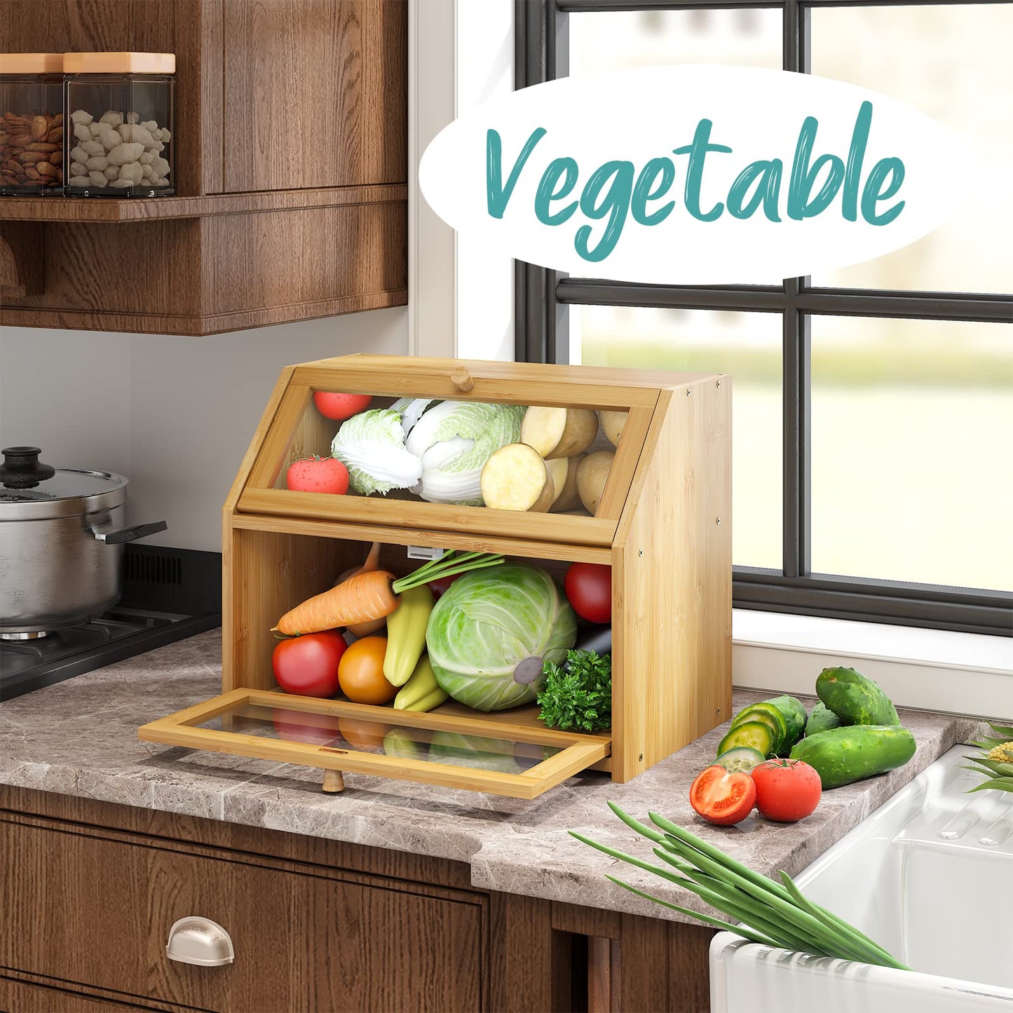 Vriccc Large Bread Box,Bamboo Wood for Kitchen Counter, Corner Bread Box, Large Capacity Bread Storage Bin