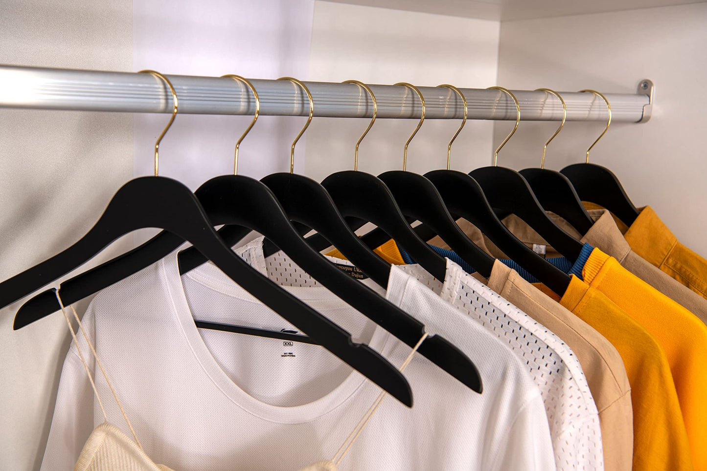 20 Luxury 16.5" Ultra Thin Space Saving Black Wooden Hangers, 360 Degree Swivel Hook, Best for Suit, Coat, Shirts, Blouses, Pant, Dress Hangers Black with Gold Hook