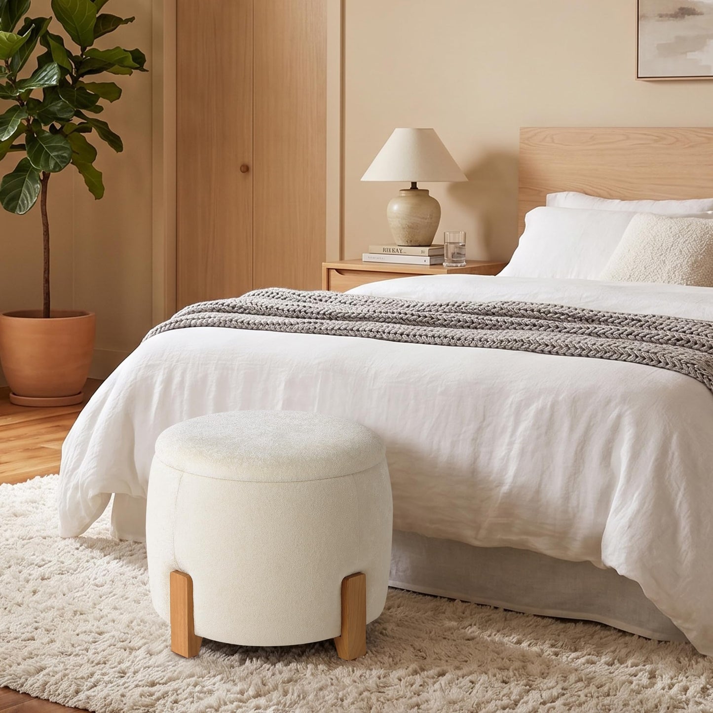 Get Set Style 22 inch Round Ottoman with Wooden Legs, Storage Vanity Stool for Makeup, Upholstered Footrest Stool,Coffee Table for Living Room, Bedroom