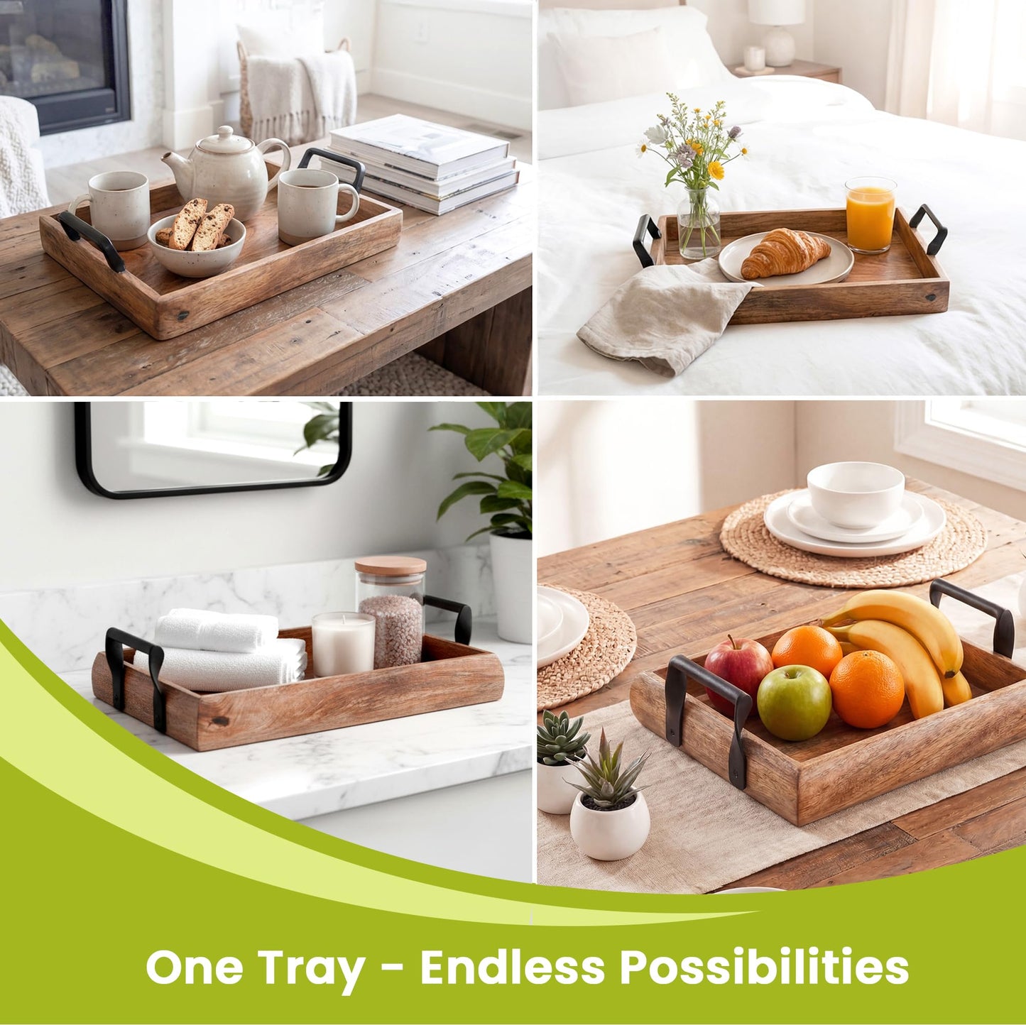 Acacia Serving Tray – Durable Large Wooden Serving Tray w/Handle – Non-Slip Kitchen Accessories for Daily Use – Easy Use Wooden Trays For Food
