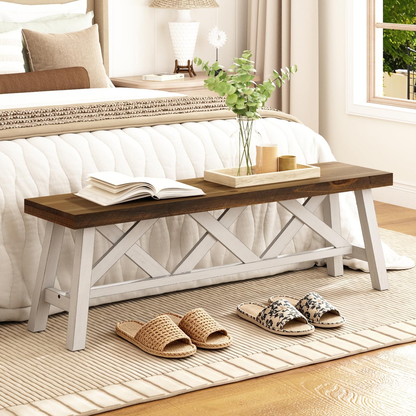 Wnutrees 43"& 54" Farmhouse Wood Bench (2 PCS), Rustic Solid Wood Entryway Benches Seat with Double X-Structure for Dining Area Living Room Hallway White