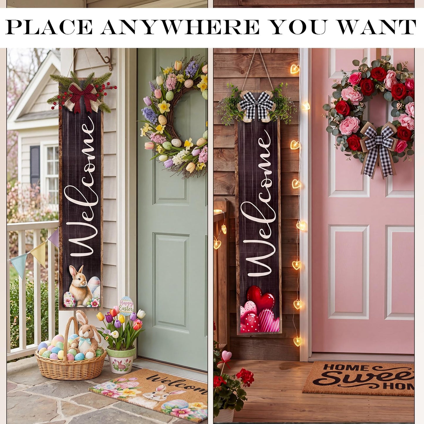 Novabright Interchangeable Welcome Sign for Front Porch Standing, 45.3" x 8.7" Summer Wood Leaner Sign with 5 Seasonal Wreaths & 16 Changeable Icons, Farmhouse Outdoor Decor for Holiday(Black)