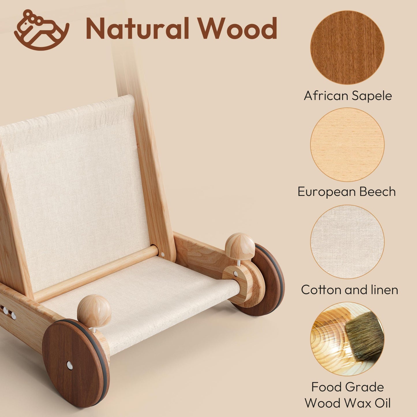 Woodtoe Wooden Baby Walker, 4-in-1 Montessori Baby Push Walker, Adjustable Speed Baby Push Toys, Wood Balance Bike, Educational Learning to Walk Birthday Toys Gift for Toddler 1 2 3 Year Old