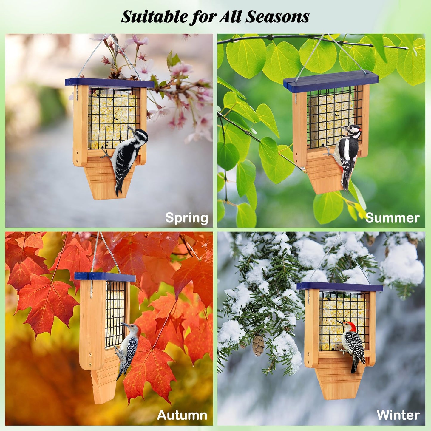 Gbekery Wooden Suet Bird Feeder for Outside Hanging, Woodpecker Suet Feeder with Tail Prop, Hanging Bird Feeder for Wild Birds, 1 Pack, Blue