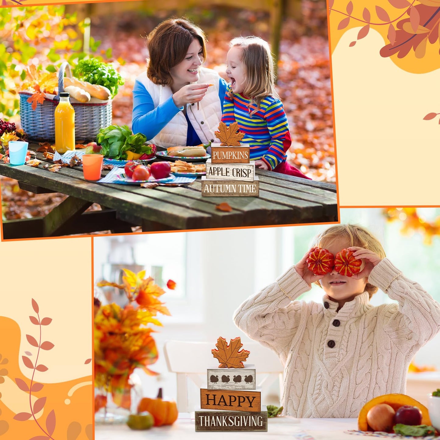Briwooody 4 Pcs Fall Table Decoration Wooden Reversible Maple Leave Fall Tiered Tray Decor Thanksgiving Centerpiece Rustic Maple Leaves Block Signs Farmhouse Autumn Decoration for Home Kitchen